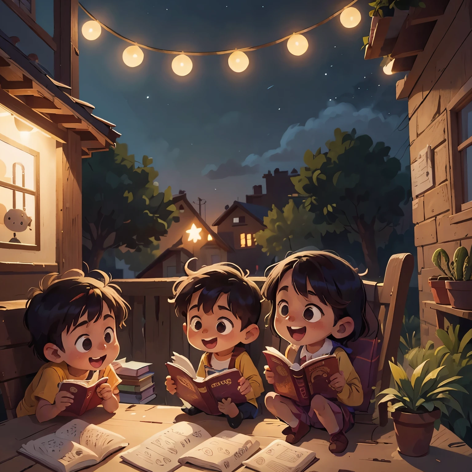 children reading and laughing, contexto oscuro noche, exterior, warm colors, se ve el anochecer, espacio en la parte superior para agregar texto