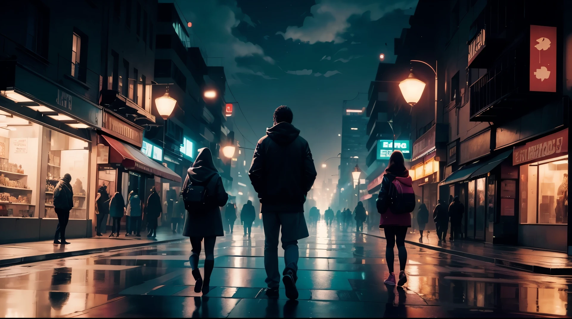(best quality,highres,masterpiece:1.2),ultra-detailed,realistic,few people walking around,people in hoodies,night in city,lights on street,futuristic city,night sky with stars,people's shadows,high-rise buildings,reflection on wet pavement,neon signs,glowing windows,vibrant colors,moonlight shining through the clouds,cool-toned atmosphere,shadows playing with light,soft glow from street lamps
