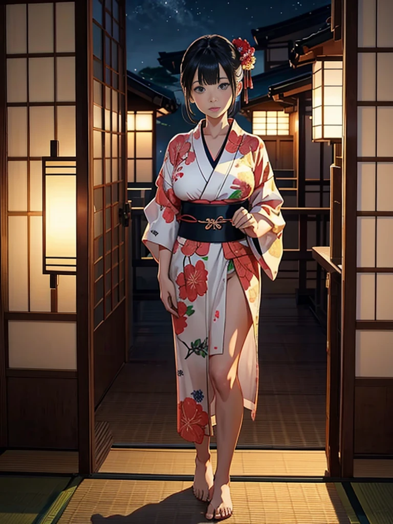 Hot naked woman in a kimono with GIANT  and out in a Japanese house during night