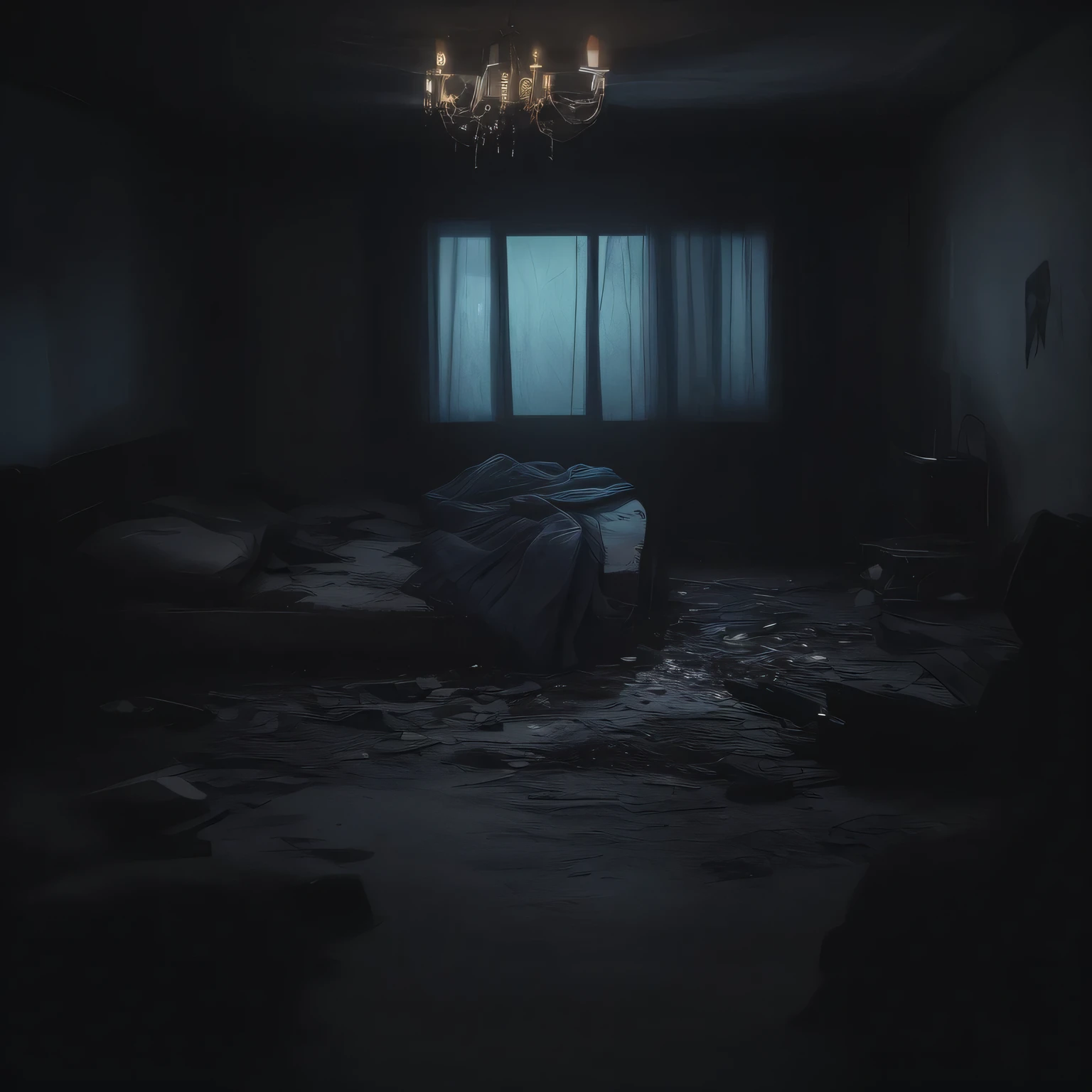 номер отеля nightю с современным интерьером с видом на парк, traces of destruction, night, blood on the bed, Broken glass, dust particles in the air, Cinematic shot, first-person view, Realism, UHD, super detail, high quality, highres