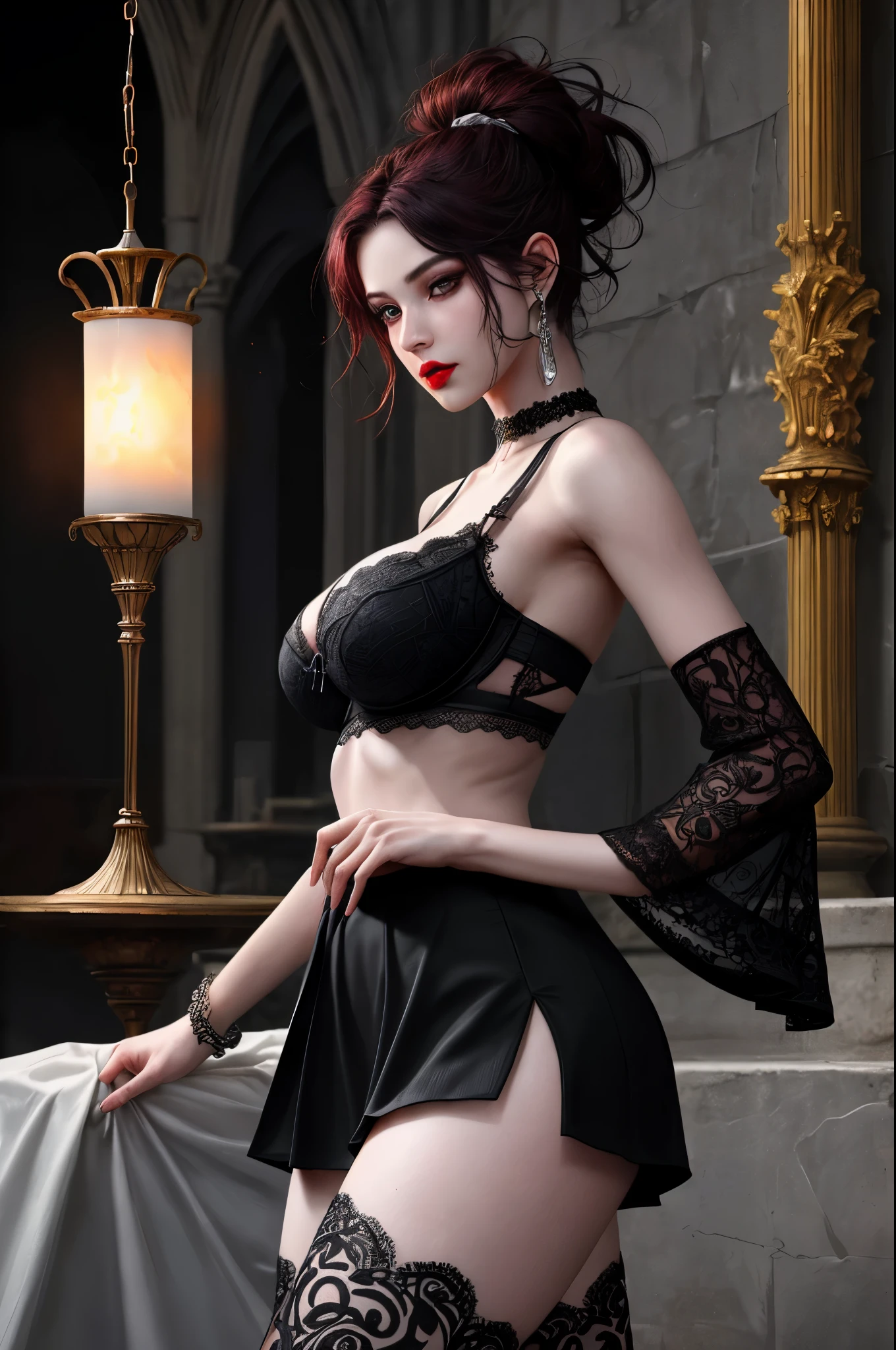 s old hot sexy gothic girl from the front side, sticking out her butt, looks into the distance, beautiful face, green eyes, ((medium length {black | dark red} hair)), (big breasts, slim waist, big thighs, wide hips, big buttocks, long legs), ((wearing sexy black long skirt with massive slit in the center revealing sexy legs and panties)), ((black lace panties and bra with silver complex intricate patterns)), (((black openwork stockings with wide lace top with silver complex intricate patterns))), (((no tattoos))), goth aesthetic, gothic makeup, goth makeup, goth vibe, bracelets, black choker, earrings, bright red lipstick, perfect eyes, seductive eyes, (detailed cameltoe, camel toe, labia, cleavage), (gothic cathedral interior, torches, antique oil lamps with burning flames, antique chandeliers with candles), (Best Quality, 16K, Masterpiece, UHD, Ultra quality cinematic lighting, Huge detail, Well lit, 35mm, sharp, hyper realistic, epic scale, insane level of details, beautiful detailed girl, very detailed eyes and face, beautiful detailed eyes, ultra detailed skin, realistic skin)