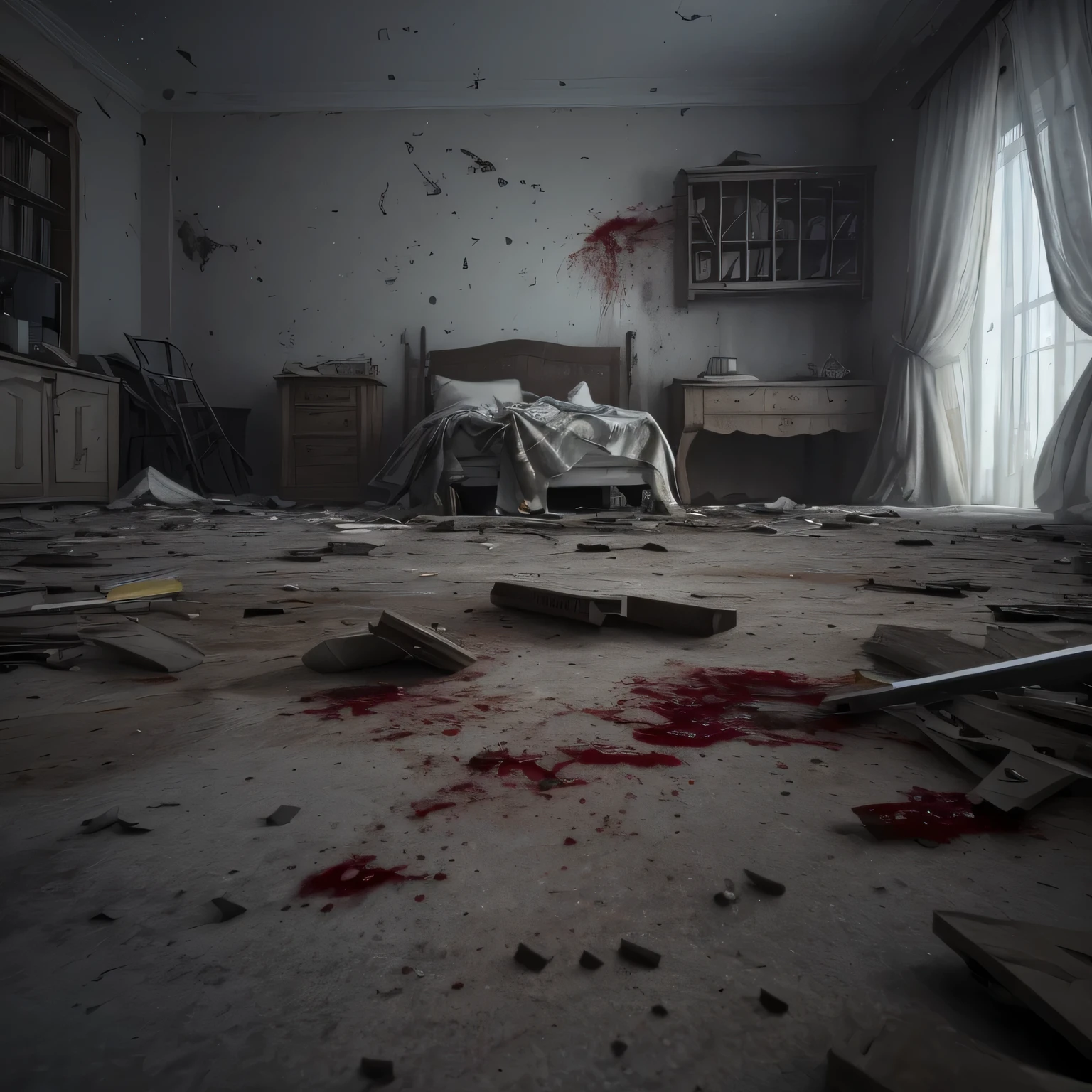 номер отеля nightю с современным интерьером с видом на парк, traces of destruction, night, blood on the bed, Broken glass, dust particles in the air, Cinematic shot, first-person view, Realism, UHD, super detail, high quality, highres