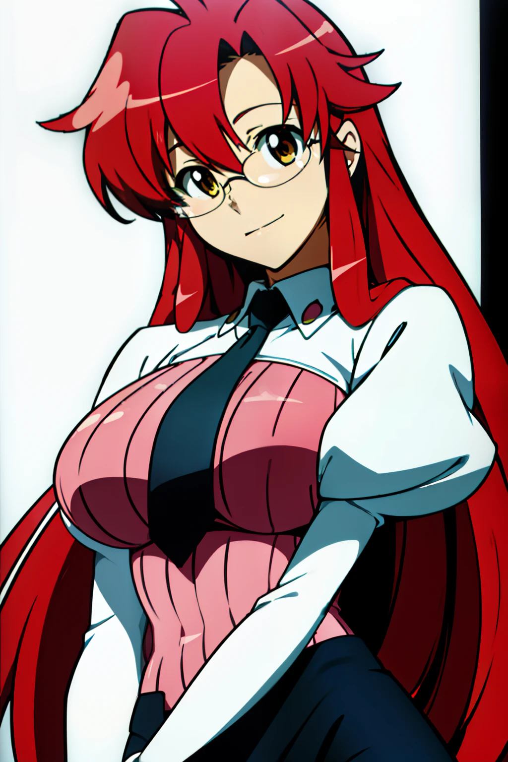 Simple White Background, puffy sleeves, long sleeves, White Shirt,yoko littner, glasses, teacher, bangs, yellow eyes, hair between eyes, red hair, 1 girl, 20yo, Young female, Beautiful Finger, Beautiful long legs, Beautiful body, Beautiful Nose, Beautiful character design, perfect eyes, perfect face ,expressive eyes, perfect balance, looking at viewer, (Focus on her face), closed mouth, (innocent_big_eyes:1.0), Light_Smile, official art, extremely detailed CG unity 8k wallpaper, perfect lighting, Colorful, Bright_Front_face_Lighting, shiny skin, (masterpiece:1.0), (best_quality:1.0), ultra high res, 4K, ultra-detailed, photography, 8K, HDR, highres, absurdres:1.2, Kodak portra 400, film grain, blurry background, bokeh:1.2, lens flare, (vibrant_color:1.2), professional photograph, (Beautiful,large_Breasts:1.4), (beautiful_face:1.5), (narrow_waist), hair down, black skirt, skirt, miniskirt,  collared shirt, collar, ((frilled sleeves, frilled shirt, cross tie, black cross tie)),photography, 8K, HDR, highres, absurdres:1.2, Kodak portra 400, film grain, blurry background, bokeh:1.2, lens flare, (vibrant_color:1.2),professional photograph, 
(Beautiful,large_Breasts:1.4), (beautiful_face:1.5),(narrow_waist),