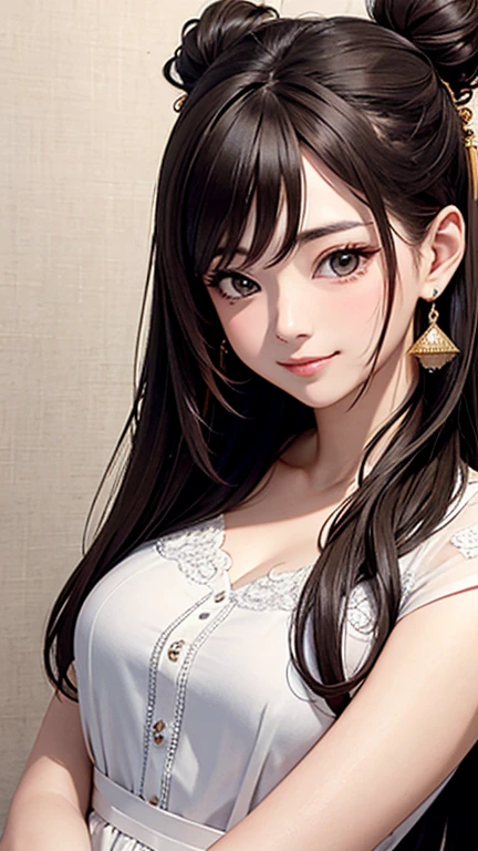 an unparalleled masterpiece、Ultra-realistic 8k CG、perfect artwork、wallpaper、1 Girl Girl Beautiful Girl、alone、chai pao、beautiful face、
hair ornaments、looking at the viewer、Put a smile on your face、closed your mouth、chai pao、dress、hair ornaments、headless、jewelry、earrings、Chinese service、Brown hair long hair、◯◯ hairstyle