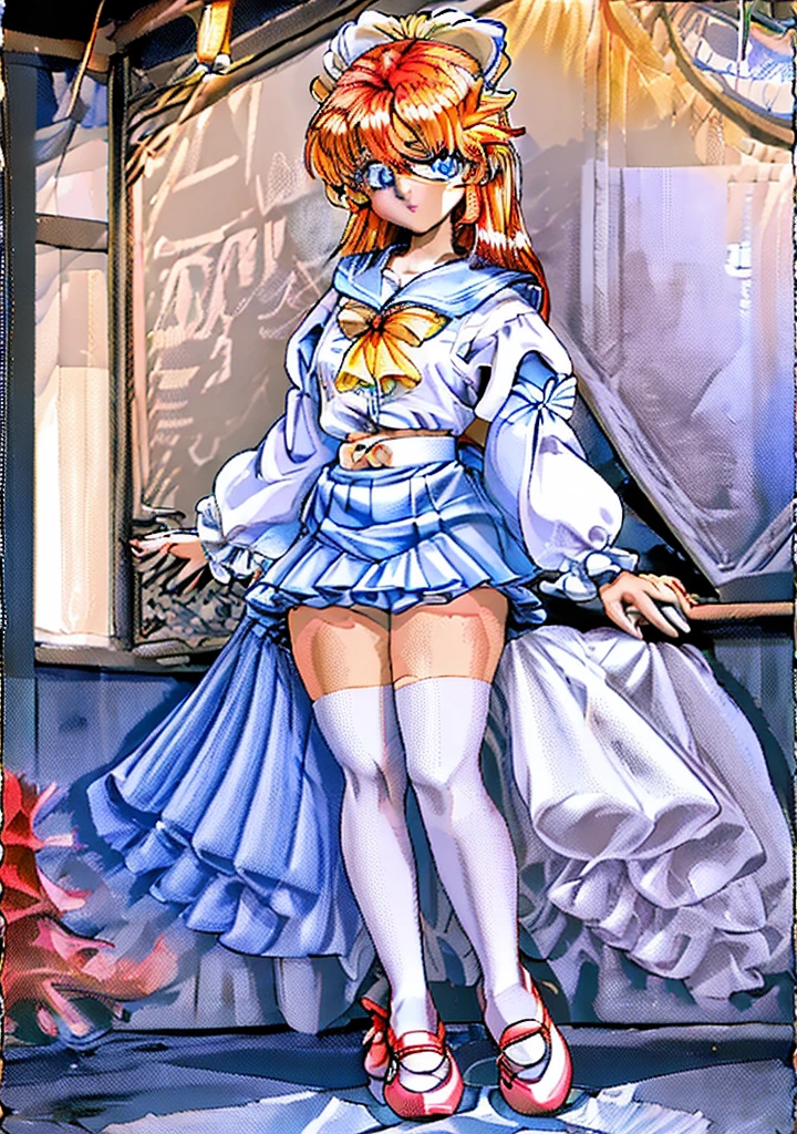(2000s anime, retro art style, masterpiece, best quality, highly detailed, NSFW, perfect anatomy), flower garden, outdoor background, soles, from below, pov, gloves, thighhighs, pasties, boots, wand, staff, holding, thigh boots, elbow gloves, navel, magical girl, holding staff, bowtie, hair bow, nude, ribbon, hair ribbon, star \(symbol\), jewelry, holding wand, immature body (flat chest:1.5), kicking (standing on one leg:1.5), thick poop is coming out of anal (diarrheal stool spurting from the anus:1.5), lunlun,