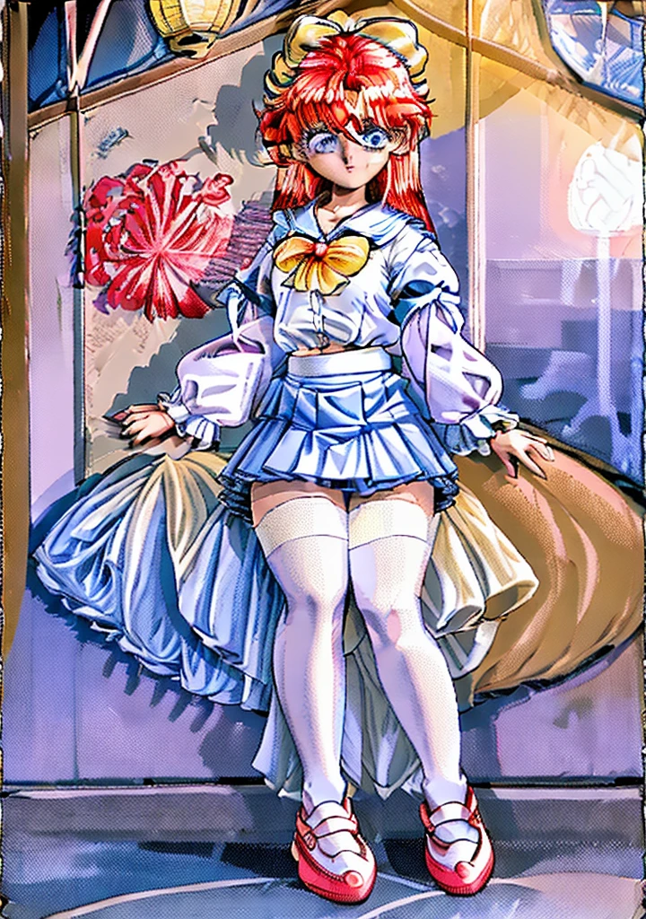1girl, yellow hair, long hair, white bow hair, skinny, small breast, blue eyes, white shirt, large lantern sleeves, long blue sailor collar, large coral bow on the shirt, coral shirt cuffs, blue high-waisted skirt, blue pleated skirt, white stripe on the skirt, white stockings, black shoes, full body, classroom