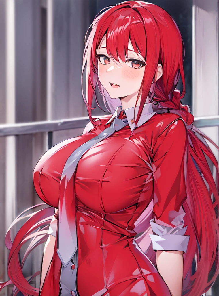 anime girl with red hair and glasses posing for a picture, seductive anime girl, Makima, rias gremory, with a large breasts, (sfw) safe for work, biomechanical oppai, smooth anime cg art, asuka suit under clothes!, badass anime 8 k, rings asuka iwakura station game, detailed digital anime art, pixiv 3dcg