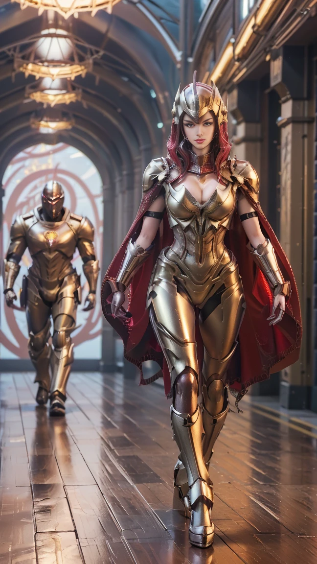 (1GIRL), Aishwarya Rai, (smile, red_libs, dark_hair, super detailed face), (GOLD PHOENIX MECHA HELMET:1.2), (BIG BUTTOCKS, HUGE :1.4), (PHOENIX MECHA GUARD ARM, GLOVES:1.3), (RED MECHA CYBER SHINY ARMORED SUIT, ROYAL CAPE, CLEAVAGE, GUARD ARMOR LEGS, HIGH HEELS:1.4), (SLENDER BODY, SEXY LONG LEGS, FULL BODY:1.5), (MUSCLE ABS:1.2), (LOOKING AT VIEWER:1.2), (WALKING DOWN HALLWAY OF FUTURISTIC SPACE STATION, BRIGHT LIGHTING:1), PHYSICALLY-BASED RENDERING, ULTRA HIGHT DEFINITION, 16K, 1080P.