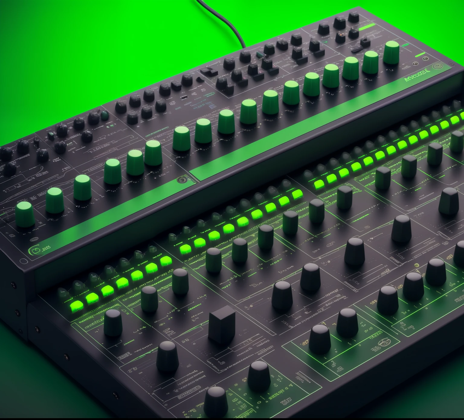flying notes, flying synthesizer buttons and knobs, moog modular synthesizer, synthesizers, cyberpunk synth, programmable black goo, synth, synthesizer, vorestation borg hound, modular, futuresynth, modular detailed, geen, blue, white, studio photo, light green, solid color background, lime green, lightgreen, solid colour background”, neon green, pale green background, gradient light green, green: 0.5, green hue, bright green dark orange, green neon, pale green glow, pastel green