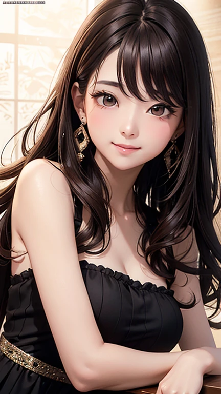 an unparalleled masterpiece、Ultra-realistic 8k CG、perfect artwork、wallpaper、1 Girl Girl Beautiful Girl、alone、beautiful face、
hair ornaments、looking at the viewer、Put a smile on your face、closed your mouth、dress、hair ornaments、headless、jewelry、earrings、Chinese service、Brown hair long hair、◯◯ hairstyle