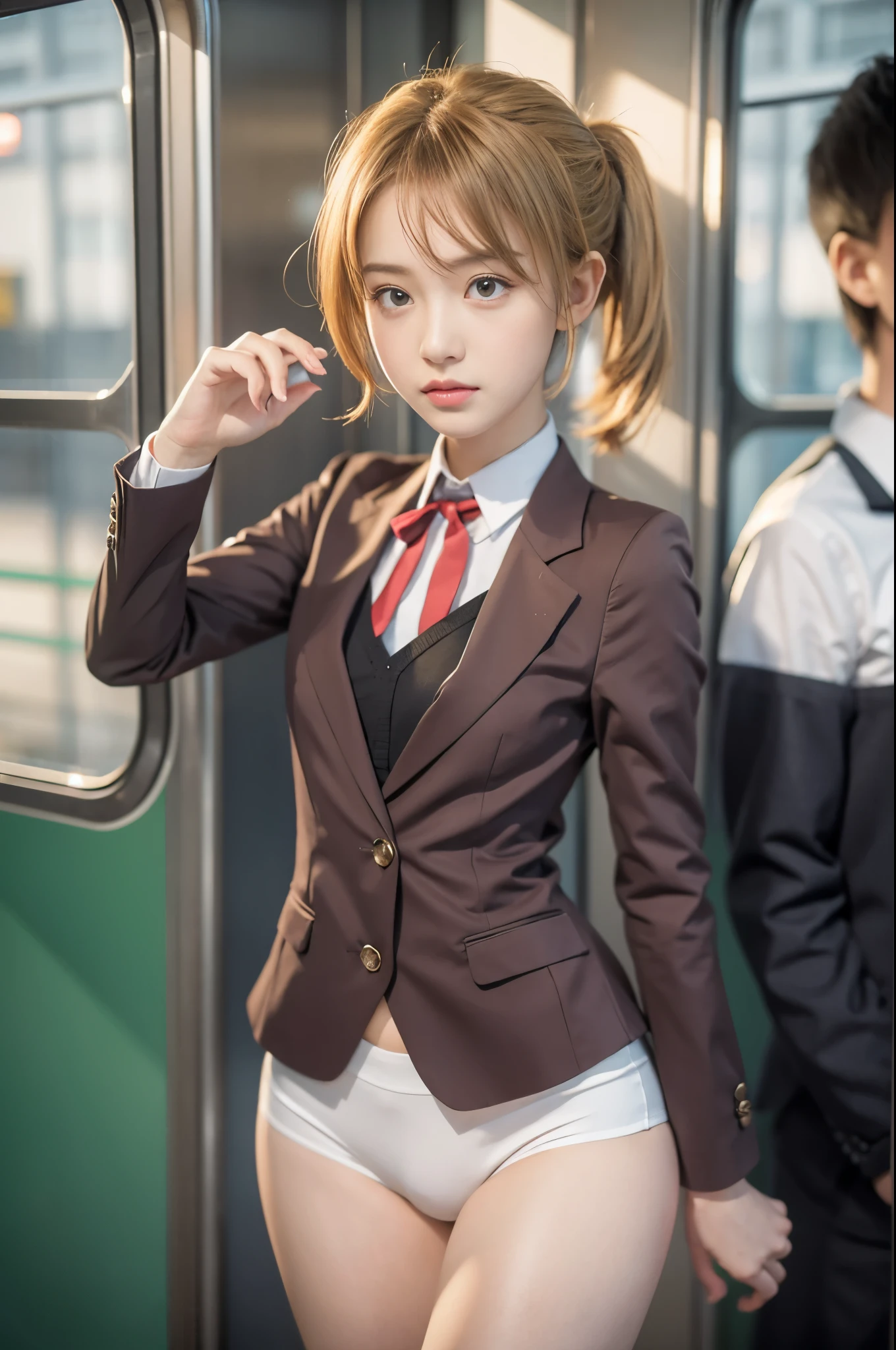 (RAW photo:1.2), (realistic), beautiful detailed girl, very detailed eyes and face, beautiful and fine eyes, huge file size, High resolution, very detailed, highest quality, [table top:1.6], figure, very detailed, small details, highest quality, 8k wallpaper, movie lighting,15-year-old female student, golden short hair, Taking off your uniform, on the train, Uniform shirt half-taken off, white braが見えている,  I can see my underwear, white bra, Uniform skirt half-taken off, I can see white pants, embarrassed look, Because I&#39;m slender, young face, small chest, immature body,on the trainで着替え, Train chair, Train windows