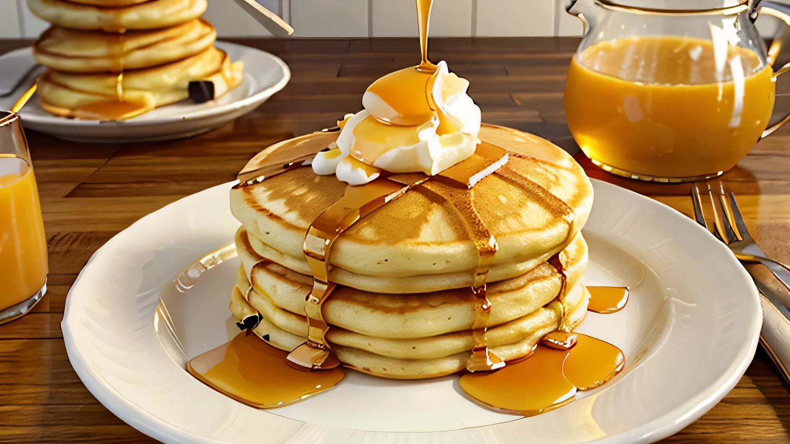 A delicious breakfast of fluffy pancakes stacked high on a plate, drizzled with golden maple syrup and topped with a melting pat of butter, served with a glass of orange juice and a fork and knife, realistic 3D animation