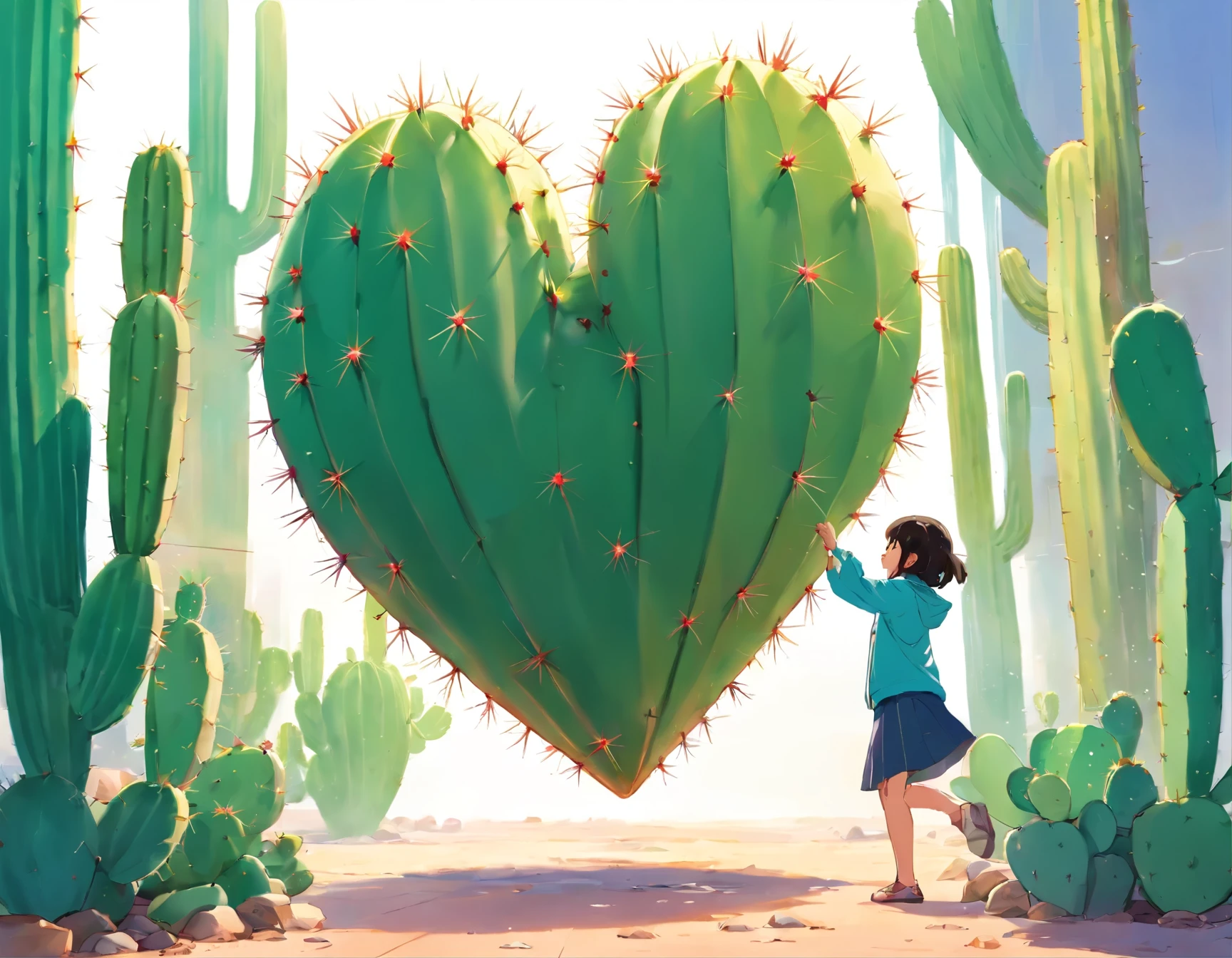 Cactus levitating that looks like a heart, Drawing is simple, white background, drawing for children from 3 to 6 years old,