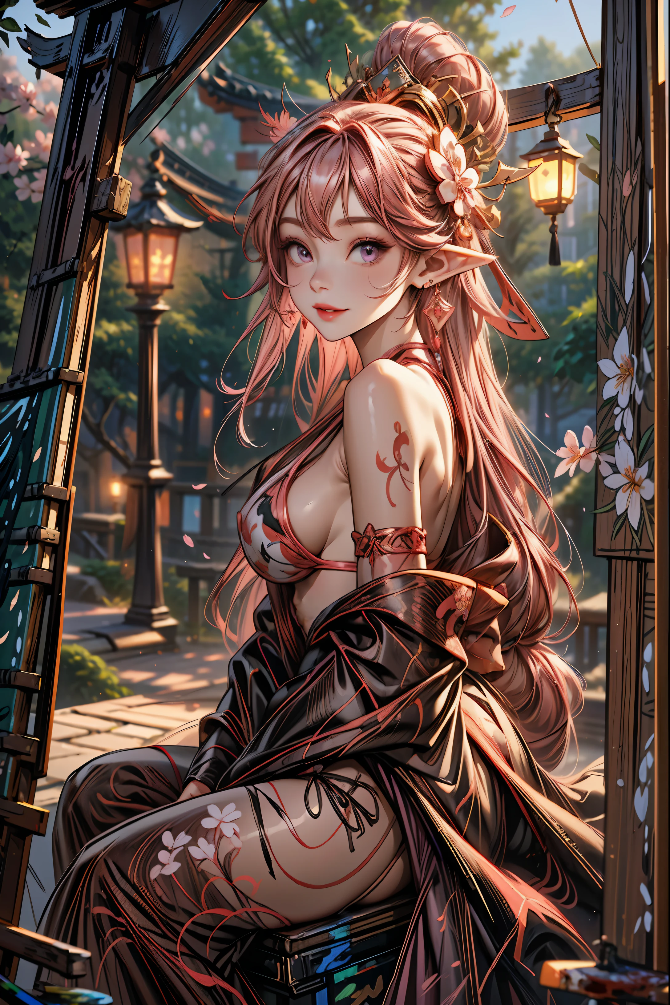 elf girl, (ulzzang-6500:0.7), kpop idol, yae miko, bikini, detached sleeves, bare shoulders, pink hair, long hair, bikini, best quality, (painting:1.5), (hair ornament:1.35), jewelry, purple eyes, earrings, breasts, torii, cherry blossoms, lantern light, depth of field, detailed face, face focus, ribbon_trim, (looking at viewer:1.25), nontraditional miko, shiny skin, long sleeves, smile, thick lips, game cg, hands on lips, east asian architecture, (blurry background:1.2), sitting, upper body, bikini