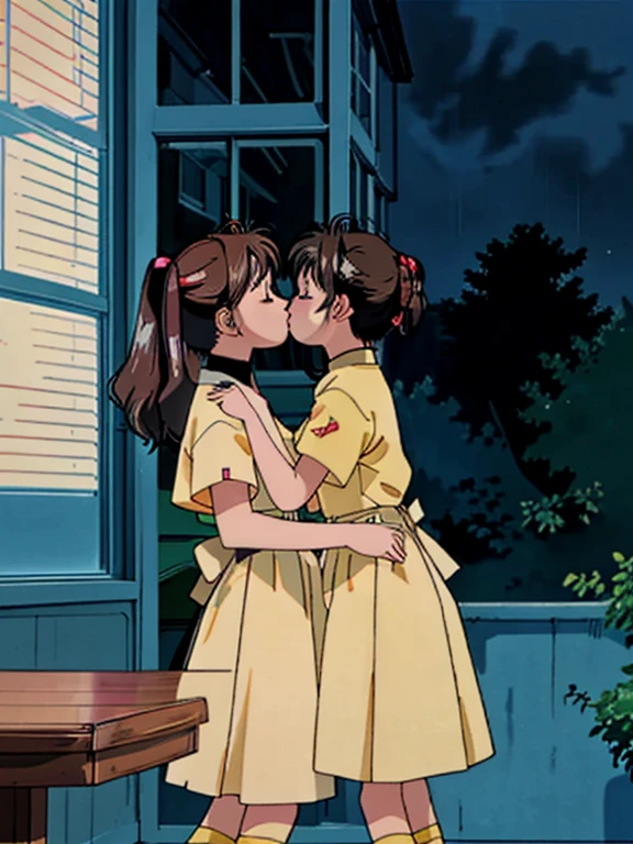 (best quality, ),2girls , sakura & tomoyo,kissing passionately,touching lips,tight embrace,standing on the front,chair,window,rainy outside,night,dramatic lighting,vivid colors,romantic atmosphere