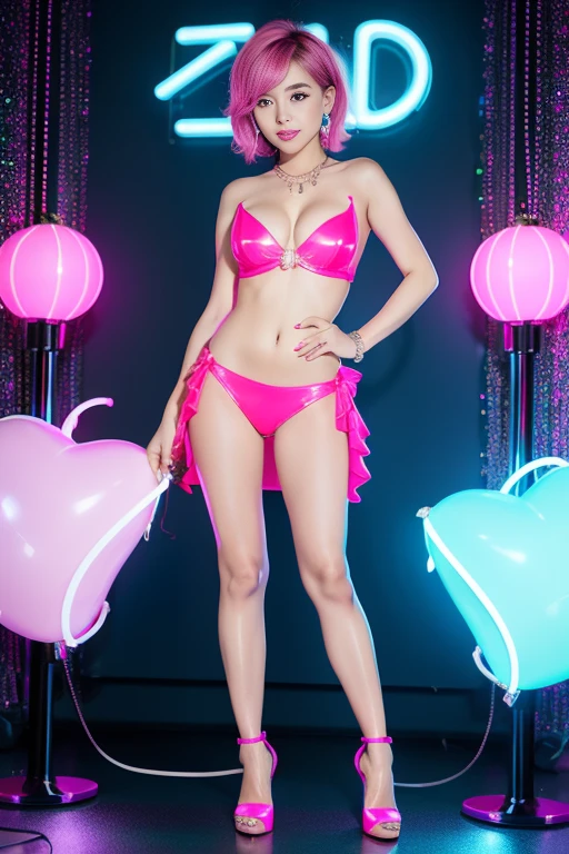 female idol、nude lip gloss、smiling face、smoky eyeshadow、dewy complexion、winged eyeliner、((dramatic lashes))、(((full body shot)))、shiny very large earrings（neon hot pink)、shiny very large necklace（neon hot pink)、(shiny glossy latex strapless bra（neon hot pink))、(shiny glossy latex mini slip（neon hot pink))、(shiny glossy latex overknee high heels（neon hot pink))、((colorful short hair（neon hot pink)))、long white fluffy fur coat with white fluffy fur（bright white)、conceptual art, High quality, Realistic, extremely detailed CG unified 8k wallpaper, highly detailed, High-definition raw color photos, professional photography, Cinematic Light, Beautiful detailed, Super Detail, high detail, (((Bokeh))), depth of fields, illumination, Neon Street, Super stylish lighting