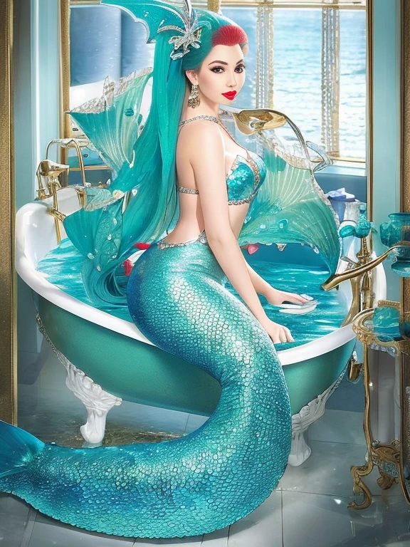 mermaid in bathtub, mermaid tail, scales, full body, looking at viewer, red lipstick, earrings, detail, , blurry background, soft focus,