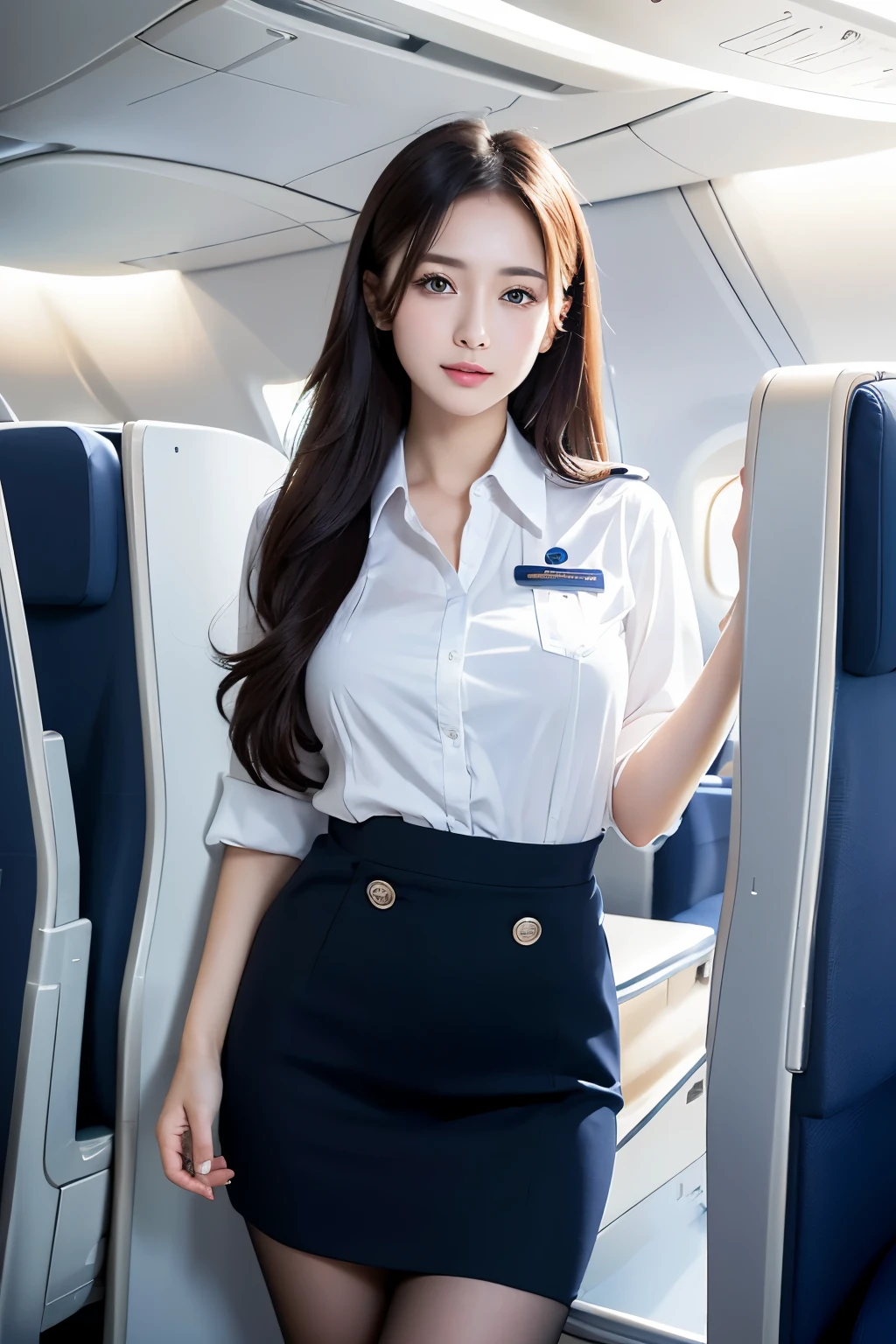 top-quality, ​masterpiece, 8K, 超A high resolution, (Photorealsitic:1.4), 1girl in、Beautiful expression、symmetrical eye、Colossal 、Perfect body proportion、Stewardess uniform、Unbutton the chest、Look at viewers、(Inside the plane:1.2)、long legged(1.3)、