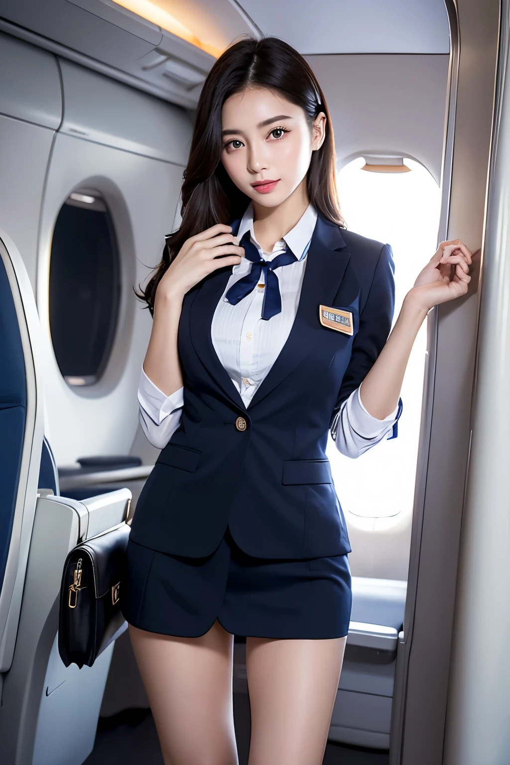 top-quality, ​masterpiece, 8K, 超A high resolution, (Photorealsitic:1.4), 1girl in、Beautiful expression、symmetrical eye、Colossal 、Perfect body proportion、Stewardess uniform、Unbutton the chest、Look at viewers、(Inside the plane:1.2)、long legged(1.3)、