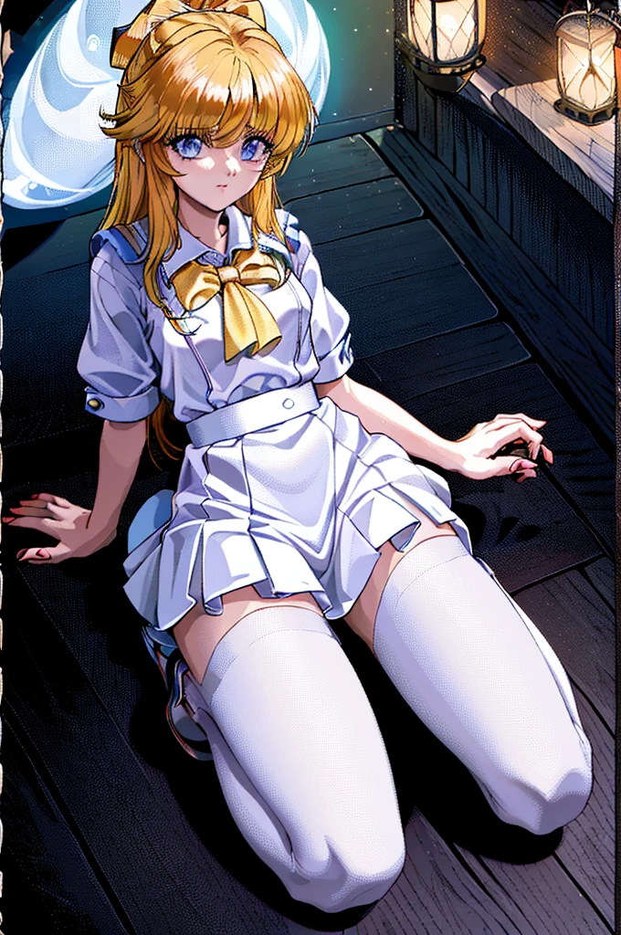 (Лучшее качество:1.3), 1girl, yellow hair, long hair, white bow hair, skinny, small breast, blue eyes, white shirt, large lantern sleeves, long blue sailor collar, large coral bow on the shirt, coral shirt cuffs, blue high-waisted skirt, blue pleated skirt, white stripe on the skirt, white stockings, black shoes, full body, classroom