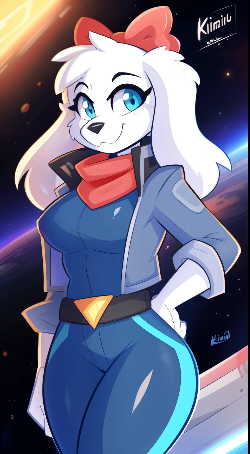 fayspaniel, furry female anthro, portrait, close-up, red bow, aqua jumpsuit, cropped jacket, grey jacket, red scarf, belt, solo, (body fur:1.2), (best quality), (detailed space jet background:1.2), dramatic lighting, (detailed fluffy fur:1.1), looking at viewer,  medium breasts,  white ears, ((by Kilinah, by Coffeesoda, by Hioshiru, by Kilinah)), full body