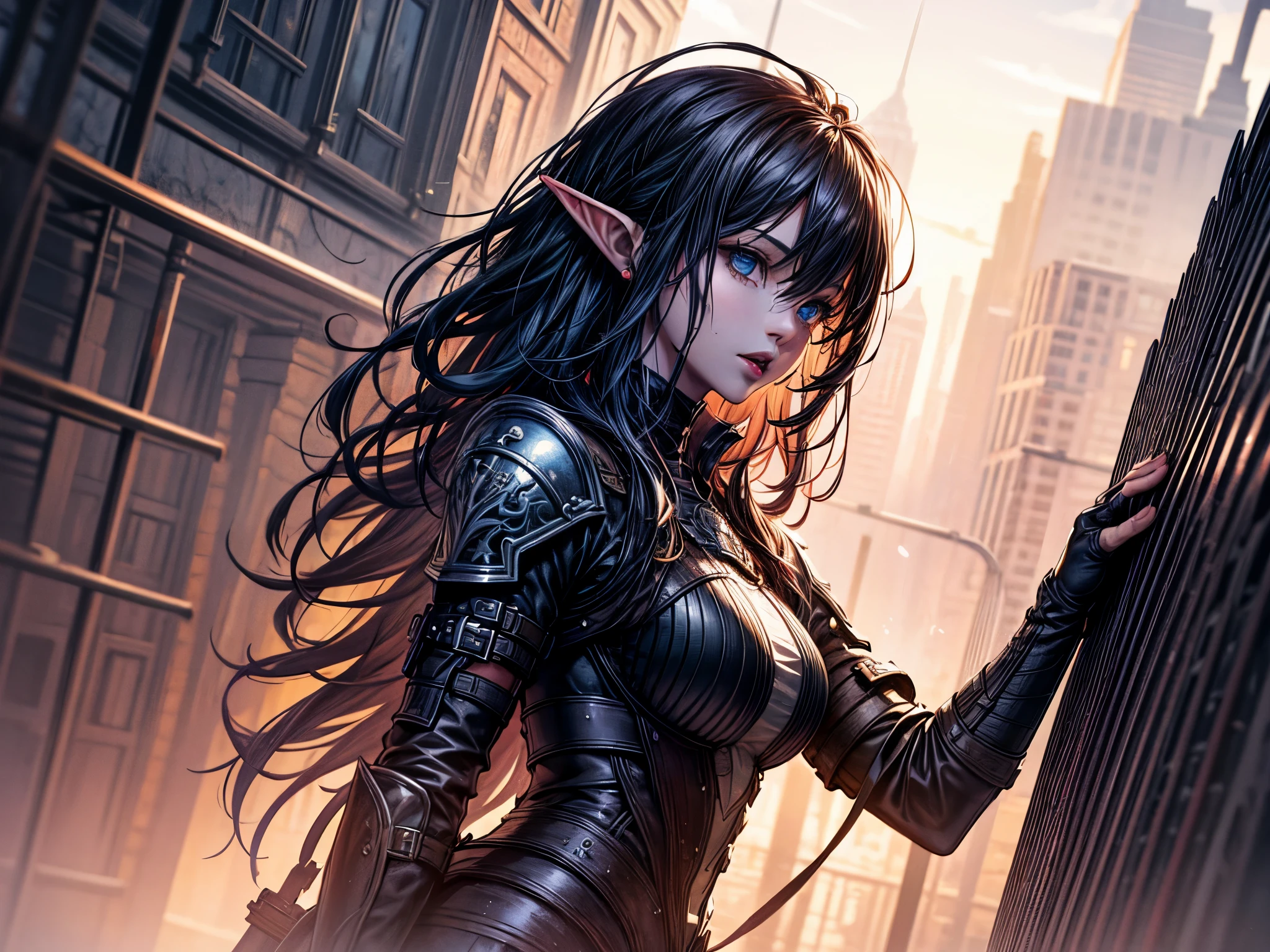 solo, ((masterpiece)),((high resolution)),((best quality)), extremely fine and beautiful, super fine illustration, (realistic skin), (insanely detailed anime eyes), mature, milf, vivid and beautiful, shocking sensation, incredibly detailed, beautiful detailed girl, (sensual), (medium supple breasts:0.7), front view, walking, hallway, facing at viewer, black hair, (elf), (medium long elf ears), (adventurer gear:1.0) ((black hair)), (very long hair), (small breasts:0.9), (plump thighs:0.6), (wide hips:0.6), movie lighting, perfect shadow, realistic lighting shaded, ((medieval fantasy brothel scenery))