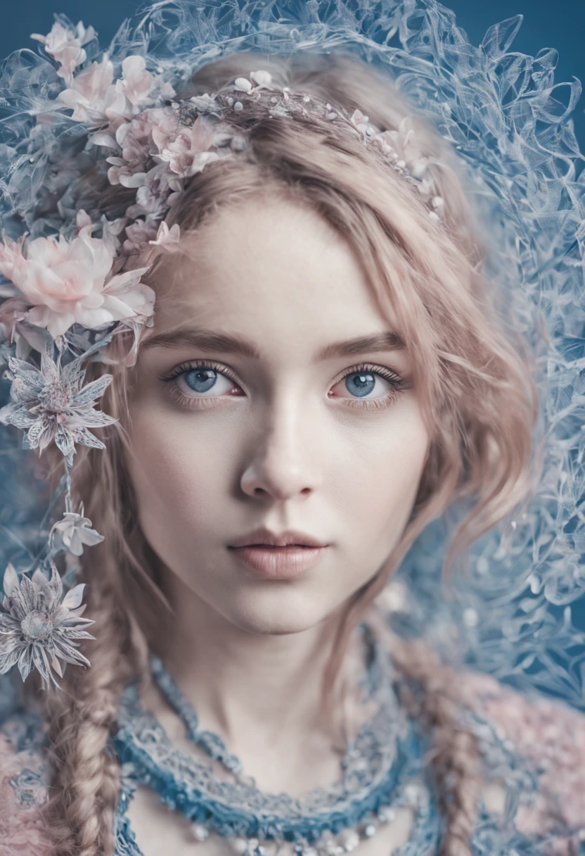 extremely beautiful girl in a dreamy zentangle aura, gradient blue hues filtering into misty blush, in the style of leica m10, colorized, flickr, miniature dioramas, high quality photo, fujifilm pro 800z, fujifilm pro 400h -
