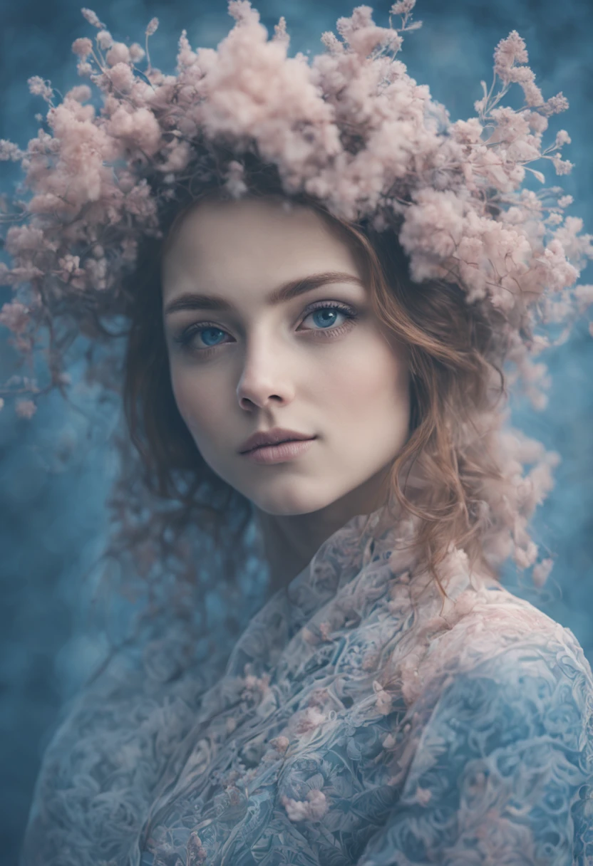 extremely beautiful girl in a dreamy zentangle aura, gradient blue hues filtering into misty blush, in the style of leica m10, colorized, flickr, miniature dioramas, high quality photo, fujifilm pro 800z, fujifilm pro 400h -