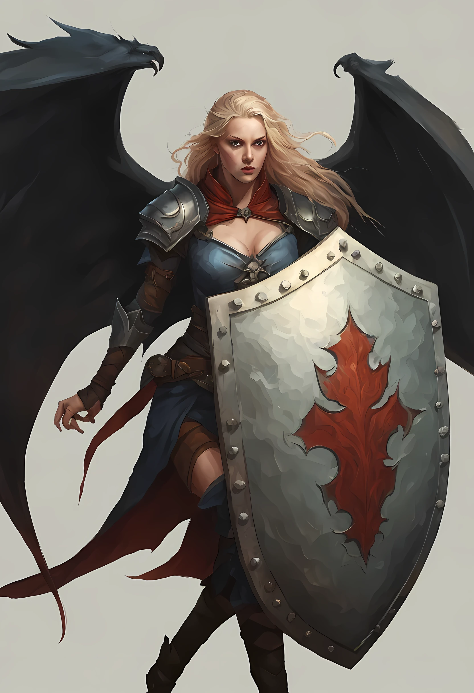 fantasy art, dnd art, RPG art, wide shot a picture of a (massive shield: 1.5) hanging on the wall, the shield has an artful image of  a beautiful female vampire elf, blood dripping, vampiric fangs, with a long curvy hair, light color hair, blue eyes, high details, best quality, 16k, [ultra detailed], masterpiece, best quality, (extremely detailed), close up, photorealistic, RAW, fantasy art, dnd art, fantasy art, realistic art, jhyd style