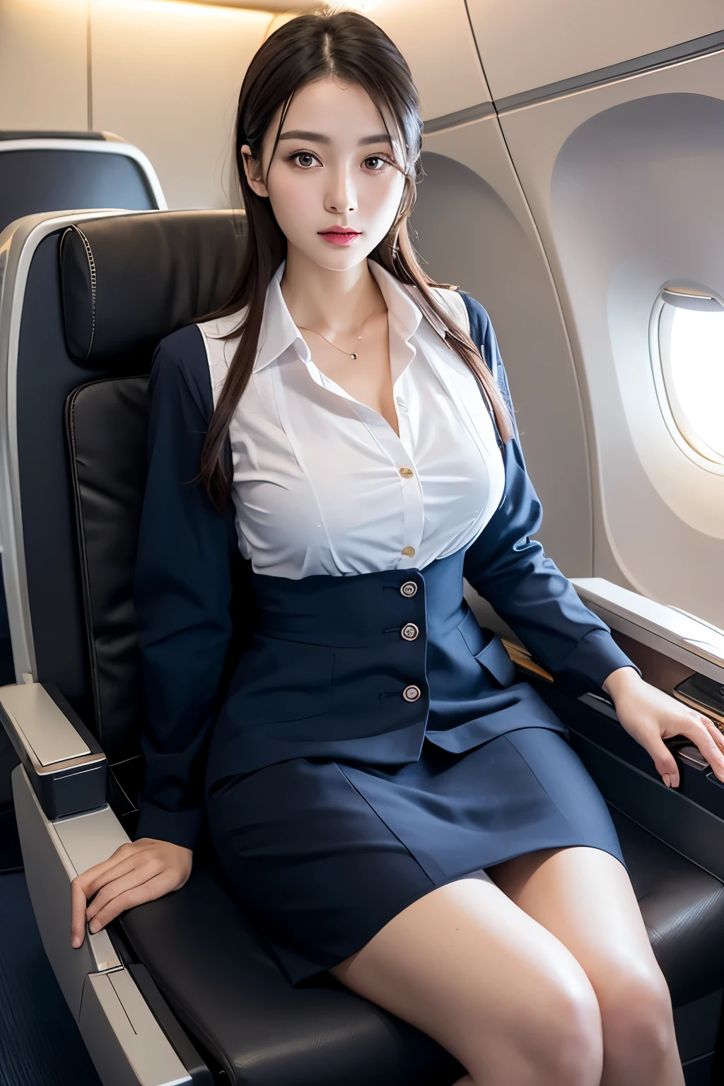 top-quality, ​masterpiece, 8K, 超A high resolution, (Photorealsitic:1.4), 1girl in、Beautiful expression、symmetrical eye、Colossal 、Perfect body proportion、Stewardess uniform、Unbutton the chest、Look at viewers、(Inside the plane:1.2)、long legged(1.3)、