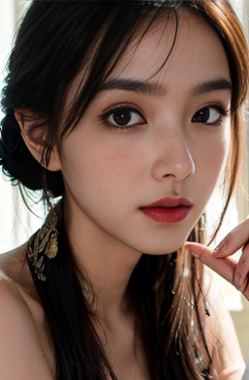 best qualtiy, tmasterpiece, 超高分辨率, (realisticlying:1.4),a picture,Light chasing, 1girll,adolable,18yr old,aggrieved look,Look in other directions,The sheen,The mouth is slightly open,Light chasing, in the darkness nigth, deep shading, low tune,deep v big breasts,flatchest,