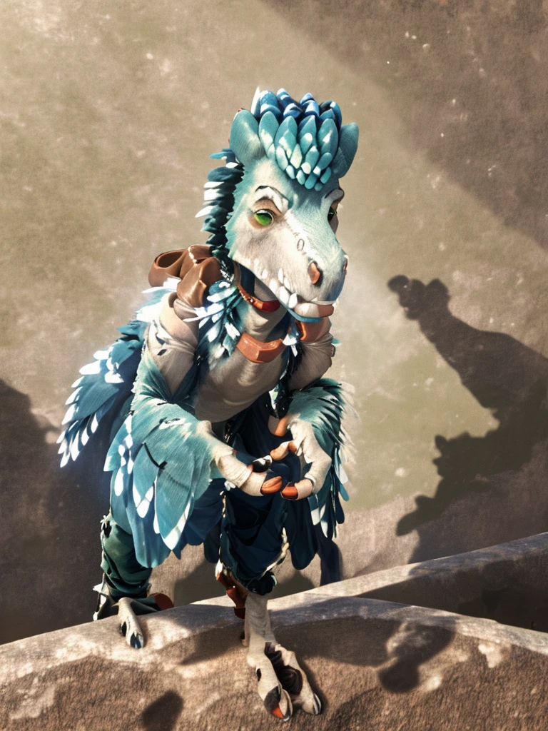 Ultra high resolution, best quality, masterpiece, mirror selfie, (half transformation), human feathered deinonychus animatronic fursuit hybridization metamorphosis, wearing saddle bridle bit and harness, in dark abandoned unlit bathroom, (part human:1.6) (part feral:1.3), (green:1.9) (brown:1.5) (tan:1.4) (striped:1.2) (spotted:1.1), ((liquid goo partial dripping encasement)), Five nights at Freddy’s style, red black pink, you stare at your reflection in horror as you morph into a decrepit deinonychus animatronic