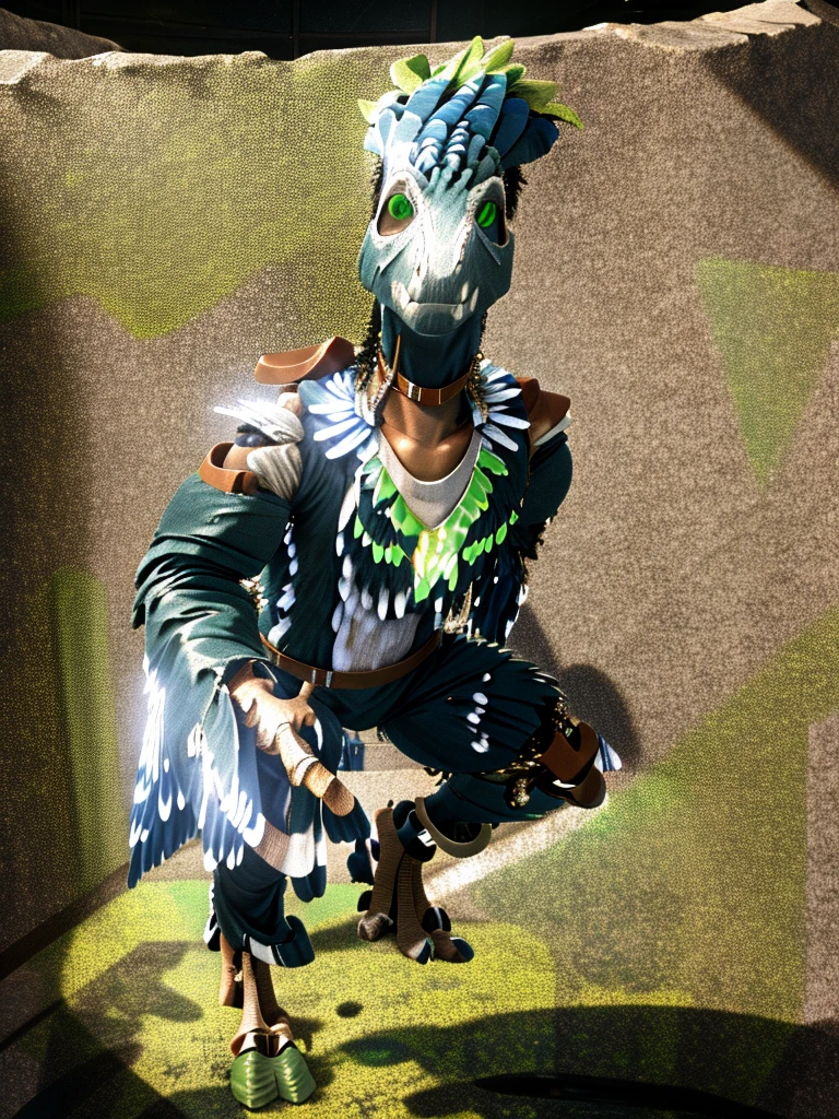 Ultra high resolution, best quality, masterpiece, mirror selfie, (half transformation), human feathered deinonychus animatronic fursuit hybridization metamorphosis, wearing saddle bridle bit and harness, in dark abandoned unlit bathroom, (part human:1.6) (part feral:1.3), (green:1.9) (brown:1.5) (tan:1.4) (striped:1.2) (spotted:1.1), ((liquid goo partial dripping encasement)), Five nights at Freddy’s style, red black pink, you stare at your reflection in horror as you morph into a decrepit deinonychus animatronic
