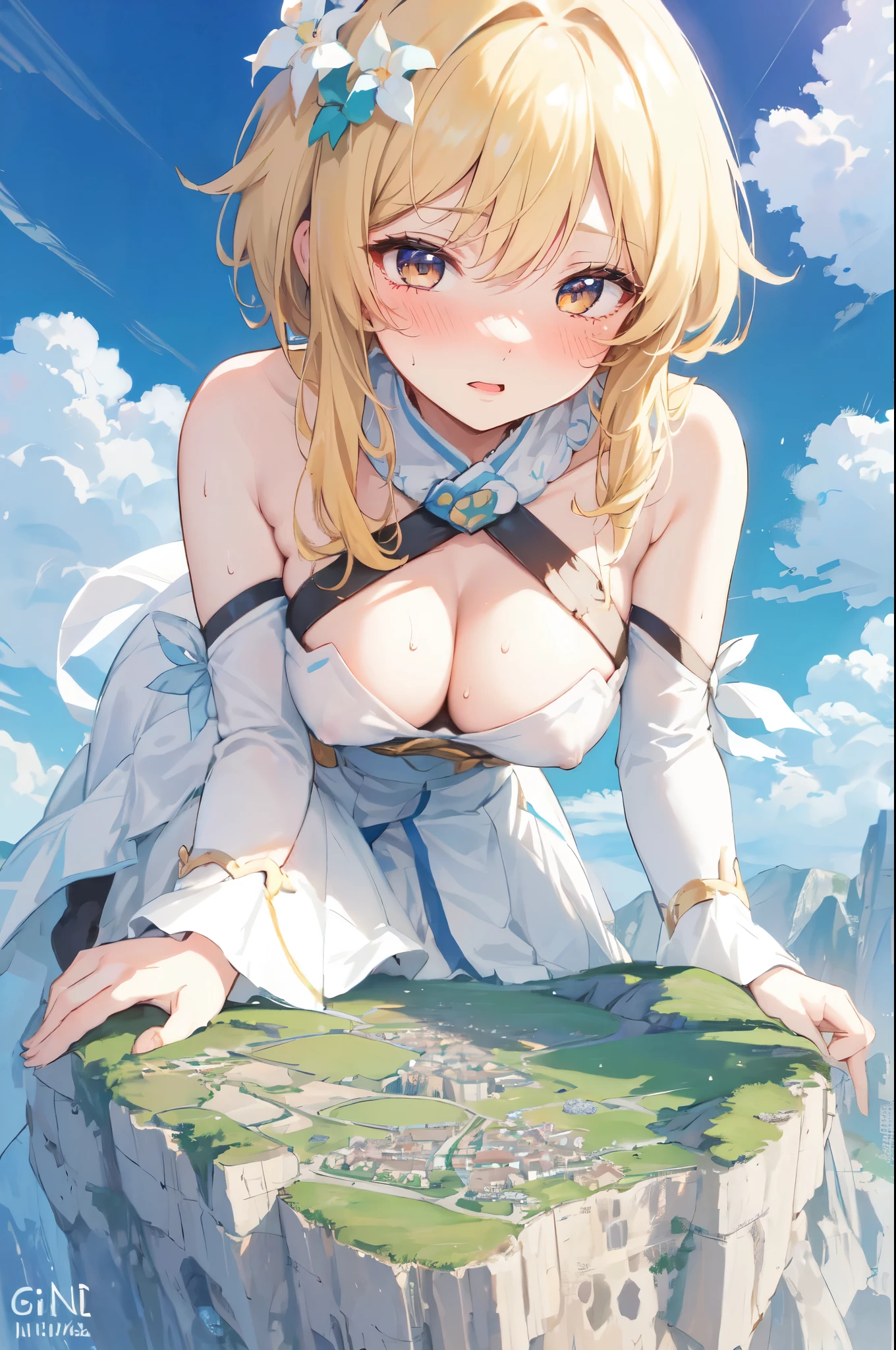 (earth continent from sky view: 1.1), (village city from sky view: 1.1), (anime drawing:1.1), (hills from sky view), (cliffs from sky view), (mountains from sky view: 1.2), (giantess: 1.3), cleavage, sweaty, erect nipples