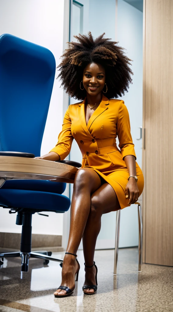 1 Afrobrazilian lady, dressed like a lawyer, female lawyer, working on documents, looking to the viewer, view from below