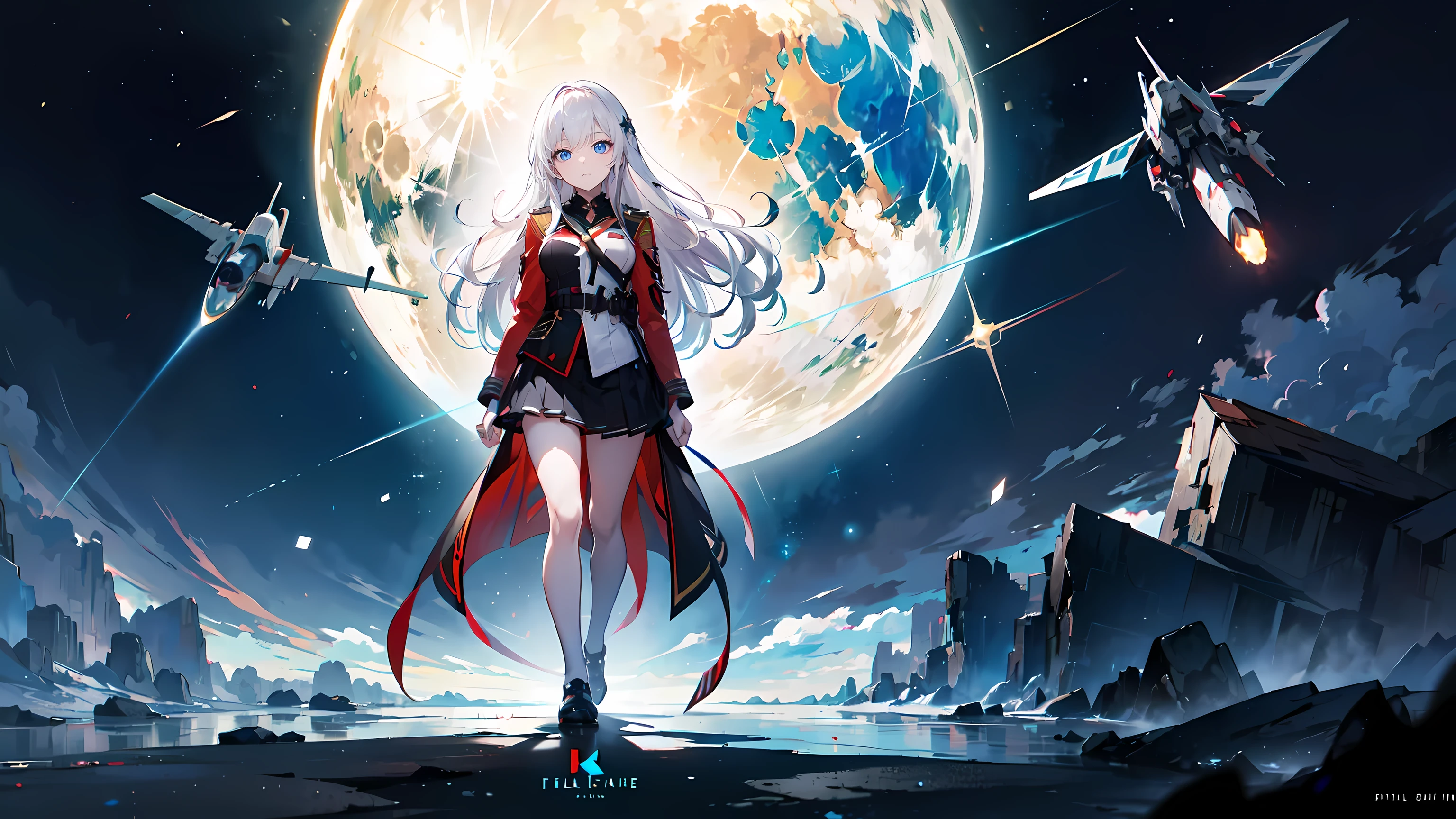 masterpiece, best quality, ultra-detailed, glistening shiny, glowing light, ray tracing, HDR, deph of field, (perfect face, detailed face, detailed eyes,perfect hands,perfect fingers), 8k,HD,ultra realistic face,ray tracing,perfect lighting,best quality, ultra-detailed, shiny eyesanime girl with long white silver hair and blue eyes standing in front of a dark sky, portrait anime space cadet girl, best anime 4k konachan wallpaper, girls frontline universe, from girls frontline, anime style 4 k, anime art wallpaper 4 k, anime art wallpaper 4k, 4k anime wallpaper, anime wallpaper 4 k, anime wallpaper 4k, (((full body))), character is on right side, on planet, space, space at night, star (red military uniform, skirt), (eyes detail), 