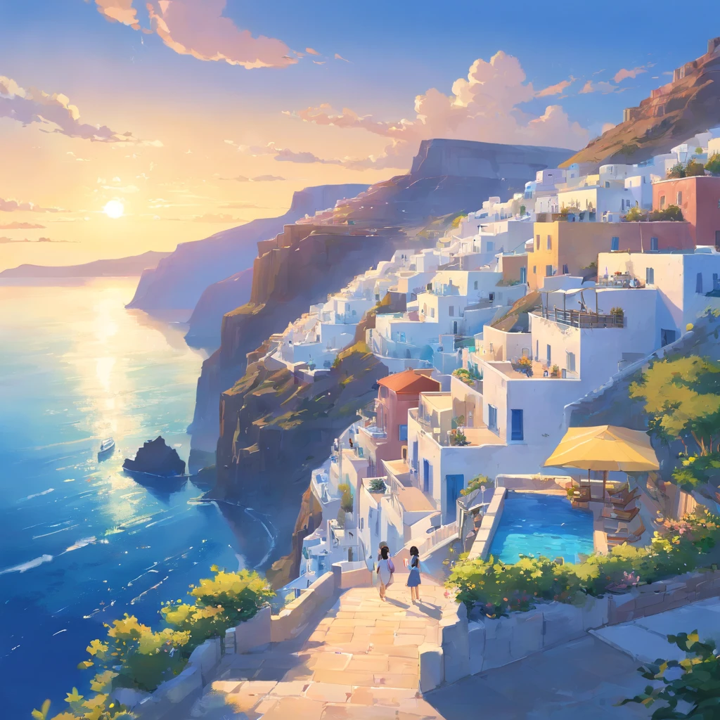 mesa, Mejor calidad,masterpiece, en Santorini, de primera calidad, Fantasy panorama of Grecia, Santorini, Grecia,  village at the beach, blue and white houses at the beach, marine port