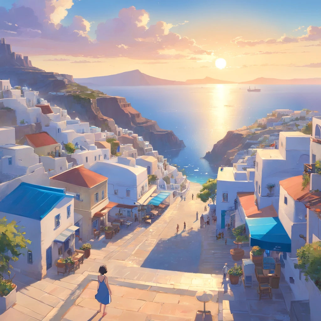 mesa, Mejor calidad,​obra maestra, en Santorini, village at the beach,  (((only houses and builds with blue domed roofs and white walls))), town with a low density of houses, (((coral barrier at the sea)))