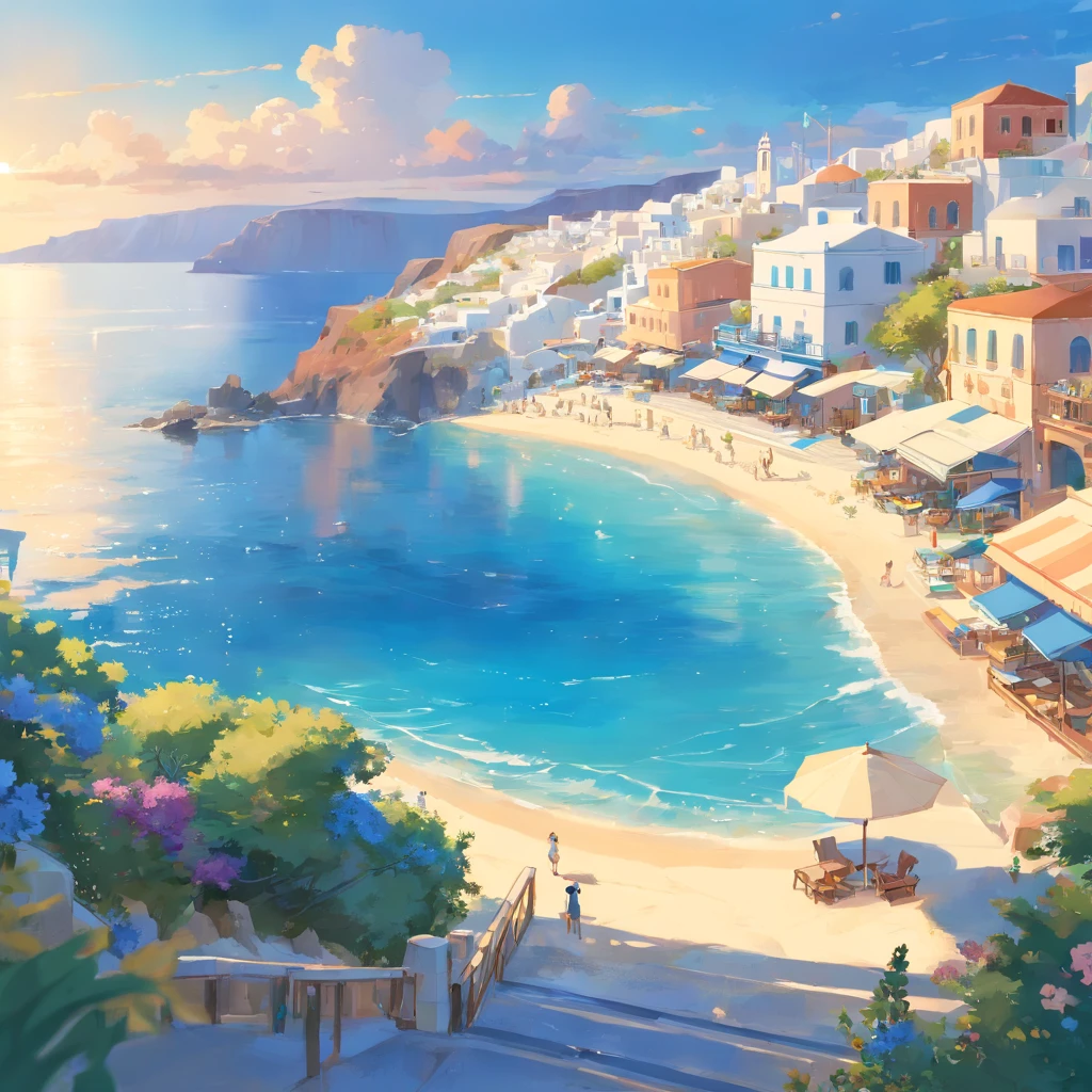 mesa, Mejor calidad,​obra maestra, en Santorini, village at the beach,  (((only houses and builds with blue domed roofs and white walls))), town with a low density of houses, (((coral barrier at the sea)))