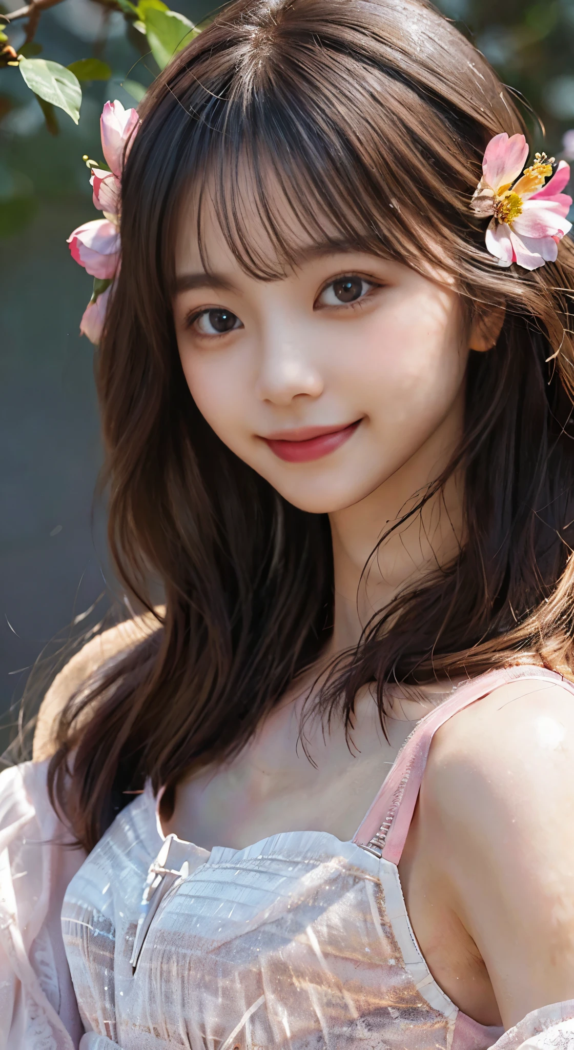 best quality,Girl Laughing,High resolution,Smiling Girl,Dindal effect,realistically,edge lit,two tone lighting,(high detail skin:1.2),8K UHD,Pure,dolce,flower background,colorful background,Based on physical rendering,Perfect Light and Shadow,extreme hight detail,Pink tones,eye reflection,I grew up sexy,perfect body,exquisite beauty,large eyes,long eyelashes,delicate eyes,big shiny eyes,Small pupil reflex,Shoulder and neck details,The texture of the pupil is delicate,Perfect eyes,A sloppy smile,best quality,T Masterpiece,16 km race,photograph,underwear,big chest,long sleeve,Take care of your chest,large breasts,Delicate avatars