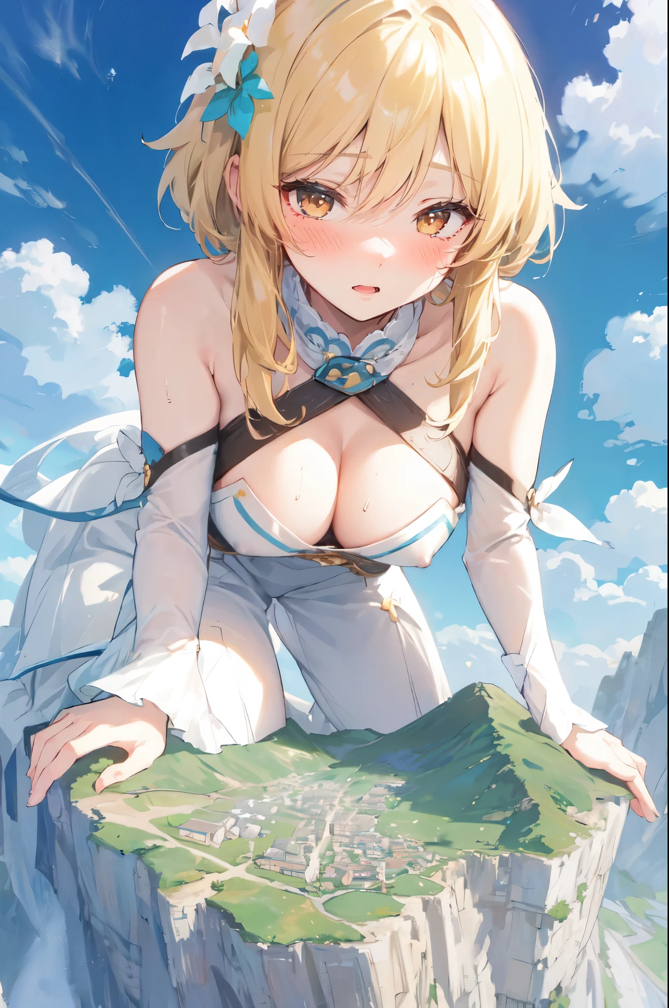 (earth continent from sky view: 1.1), (village city from sky view: 1.1), (anime drawing:1.1), (hills from sky view), (cliffs from sky view), (mountains from sky view: 1.2), (giantess: 1.3), cleavage, sweaty, erect nipples