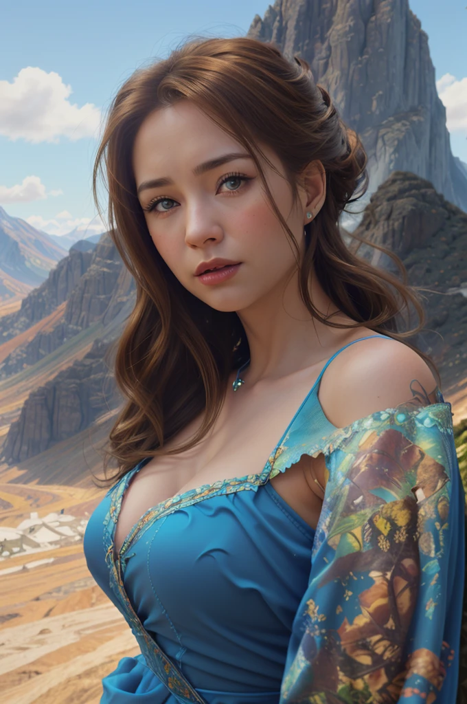 a woman in a blue dress standing on a mountain side, realistic fantasy render, digital fantasy portrait, realistic digital art 4 k, realistic digital art 4k, fantasy portrait, intricate wlop, fantasy genre portrait, matte painting portrait shot, hyperrealistic fantasy art, realistic fantasy artwork, realistic fantasy illustration, in the mountains, adventure hyper realistic render, fantasy art portrait