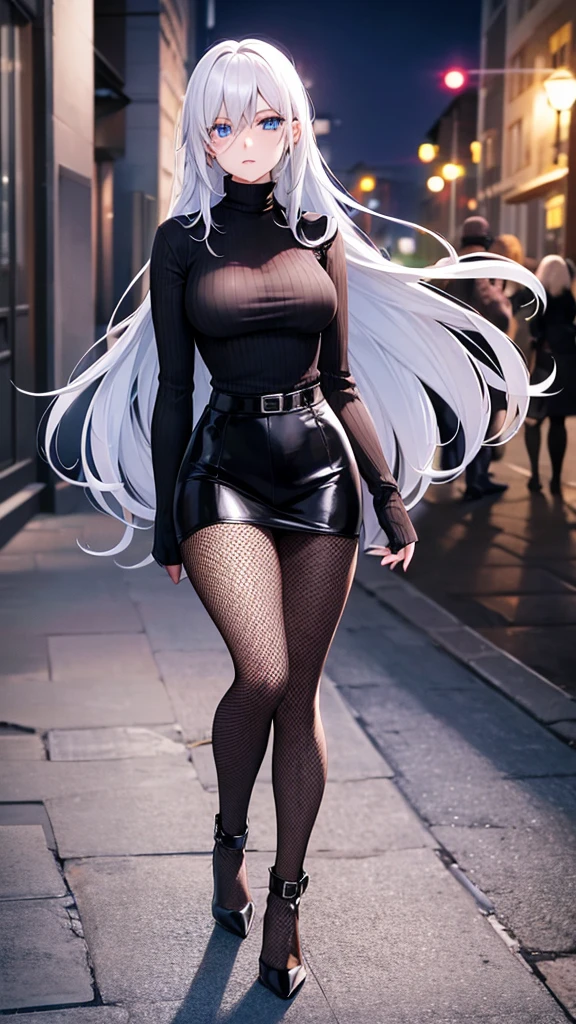 woman, black turtleneck sweater, fishnet tights, black high heels, silver jewelry, long hair, walking, night time, soft lighting, blue eyes