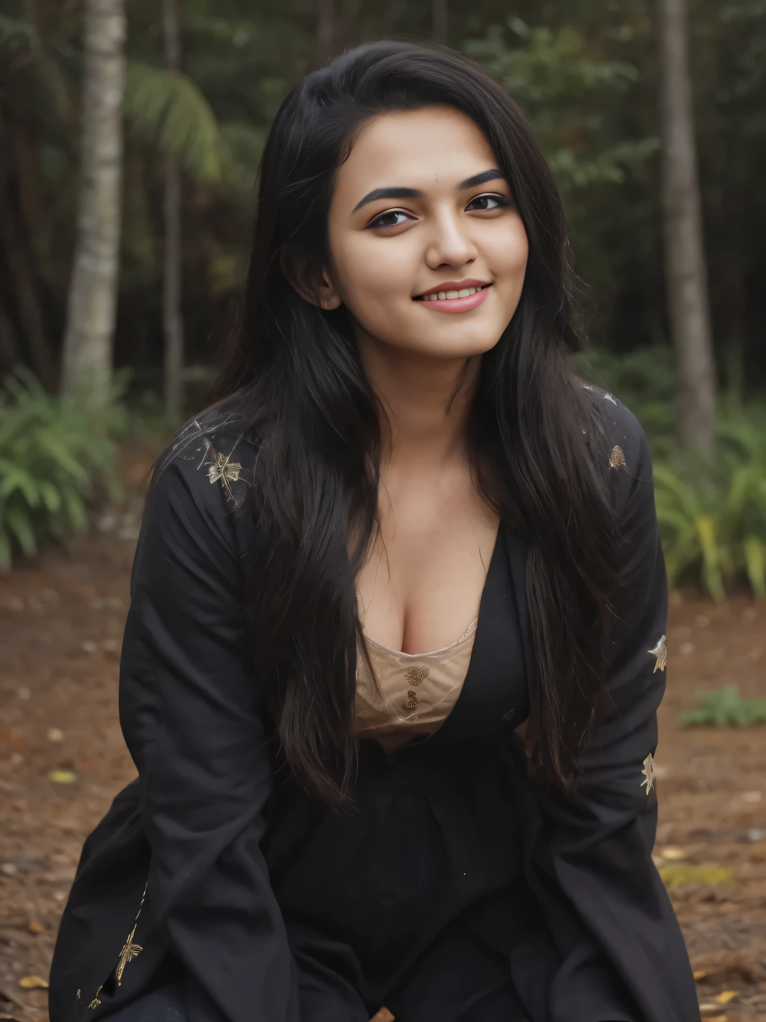 cute beautiful Indian actress Aparna Das, lean facecut 18 year old, black extra long hair, sexy gaze, dark strokes, exact looks like , light bronze skin, smirking deviously, long eyelashes, cute smile, innocent face, licking lips, atmospheric perspective, Renaissance, 8k, super detail, accurate, best quality, high details, high quality, best quality, blushing expression, biting lips, she is wearing black long leather overcoat, Deepcut white top, clear visible more cleavage with medium breasts and leather black short skirt, standing in snow covered park
