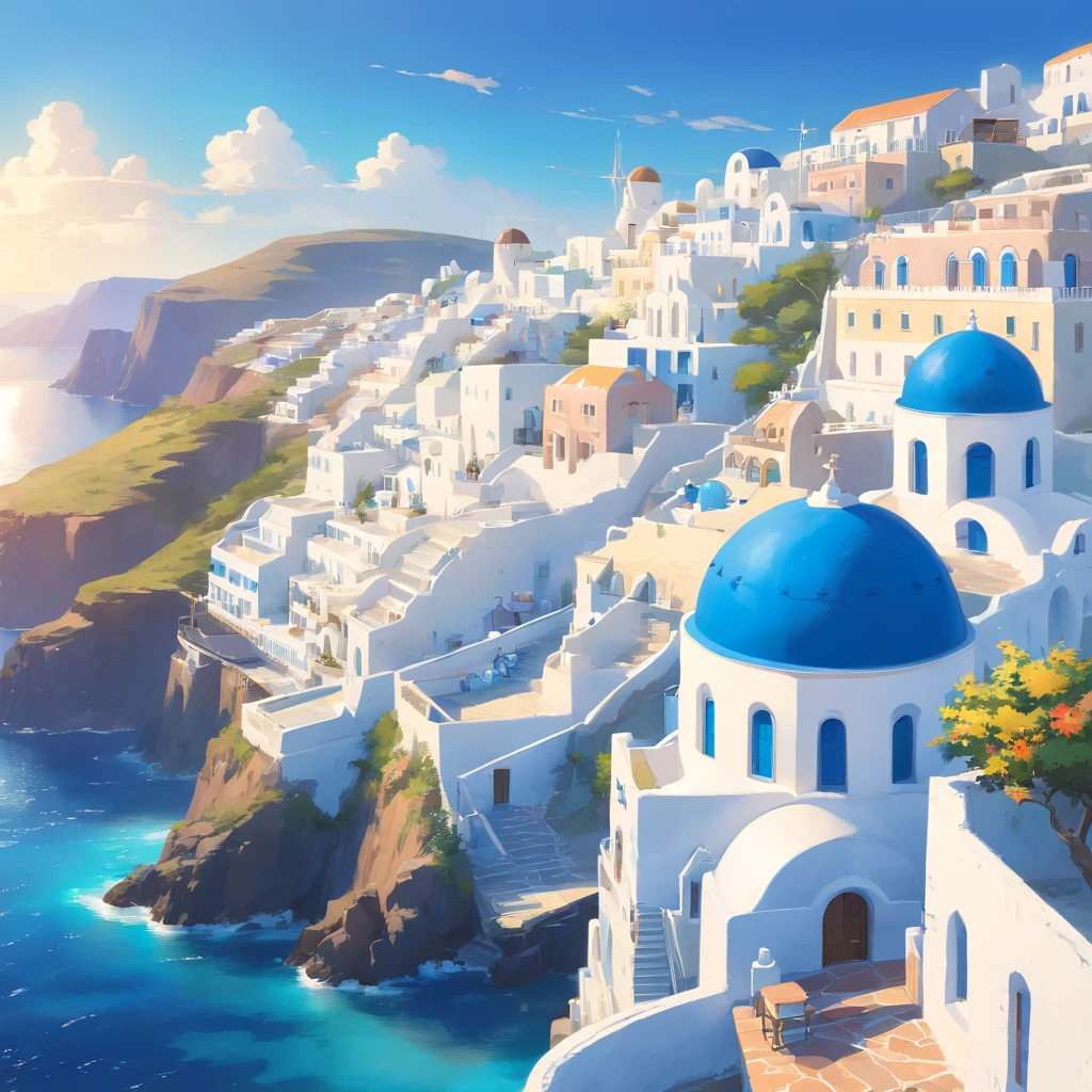 mesa, Mejor calidad,masterpiece, en Santorini, de primera calidad, Fantasy panorama of Grecia, Santorini, Grecia,  village at the beach, blue and white houses at the beach, marine port, (((houses with blue domed roofs and white walls)))