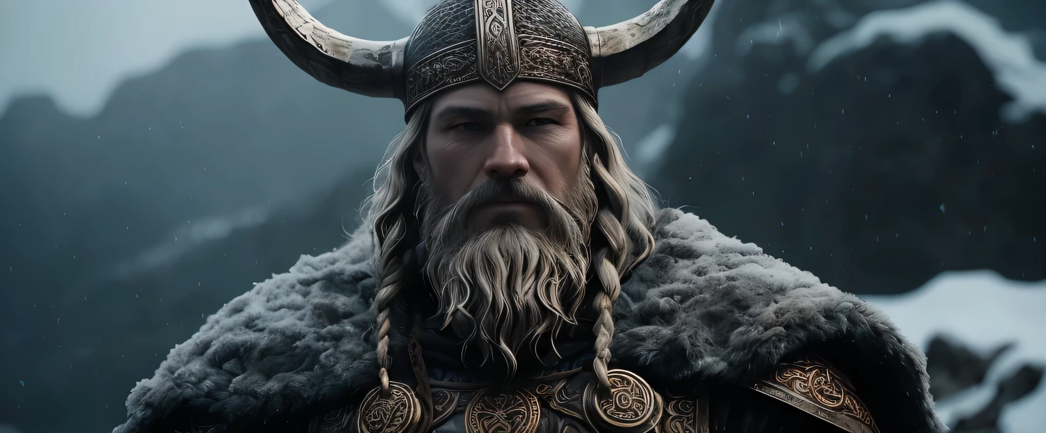bushy man with horned head and beard on a snowy mountain, Retrato de um viking, detailed cinematic rendering, arte de personagem de motor irreal, Personagem pequeno. Motor Unreal 5, epic viking king, arte conceitual 4K e hiper-realismo, unreal engine cinematic, highly detailed cinematic, cgs film society, cadaver and wolop tumors, guerreiro viking