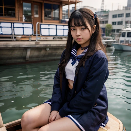 arafed asian girl in a sailor outfit sitting on a boat, on a boat, loose coat collar sailor uniform, sailor uniform, wearing school uniform, wearing japanese , japanese girl , wearing a , kantai collection style, seifuku, a hyperrealistic schoolgirl, of a schoolgirl posing, cute schoolgirl, on the bow
