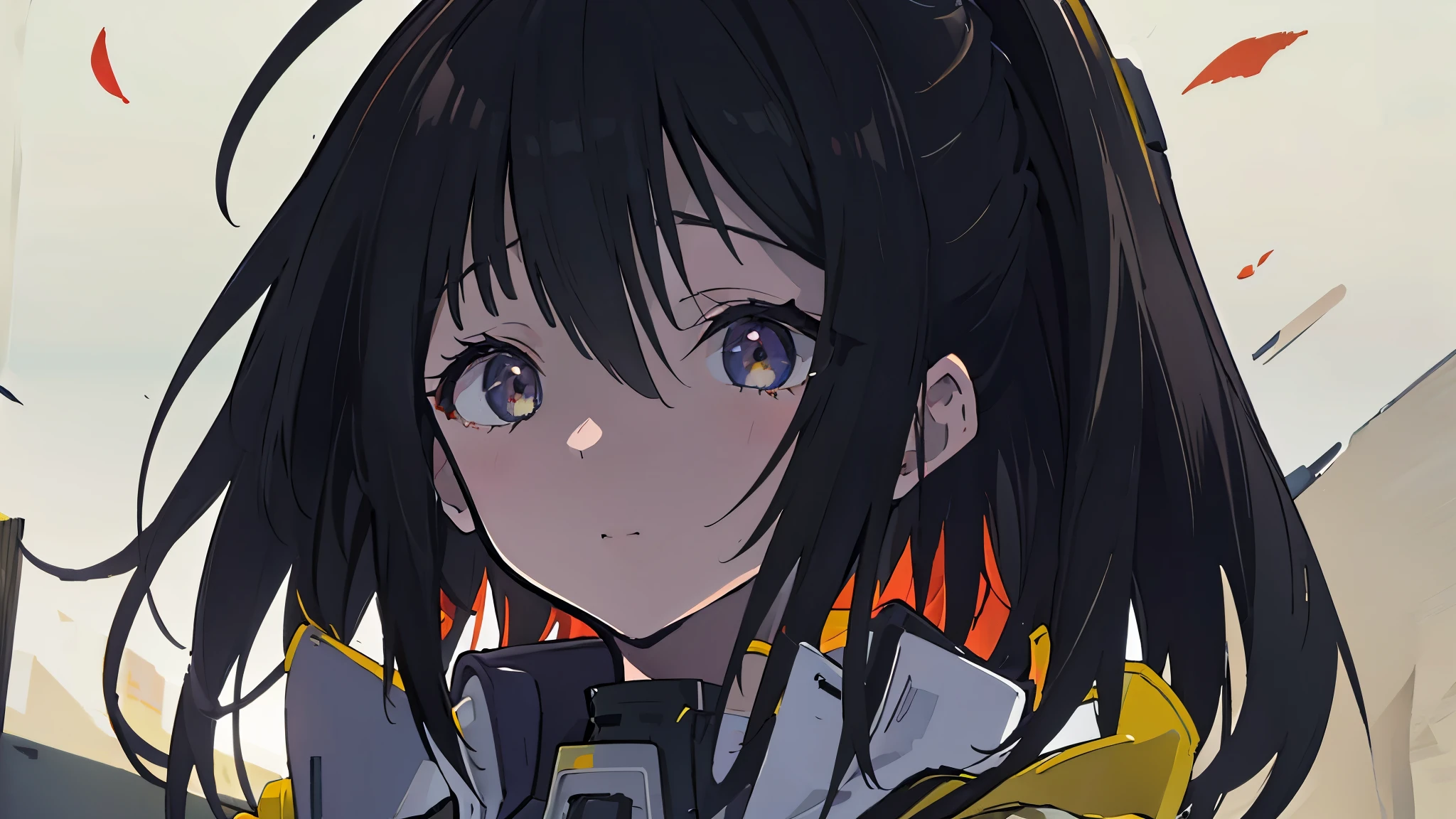 SIRIS, yellow_tactical_jacket, bodysuit_under_clothes, black_gloves, uneven_legwear, thigh_strap, hair_ornament, black_boots, black_hair, ponytail, ahoge, yellow_eyes, Battlefield, Mech, Robot, Debris, ((Best quality)), ((masterpiece)), 3D, HDR (High Dynamic Range),Ray Tracing, NVIDIA RTX, Super-Resolution, Unreal 5,Subsurface scattering, PBR Texturing, Post-processing, Anisotropic Filtering, Depth-of-field, Maximum clarity and sharpness, Multi-layered textures, Albedo and Specular maps, Surface shading, Accurate simulation of light-material interaction, Perfect proportions, Octane Render, Two-tone lighting, Wide aperture, Low ISO, White balance, Rule of thirds,8K RAW, Aura, masterpiece, best quality, Mysterious expression, magical effects like sparkles or energy, flowing robes or enchanting attire, mechanic creatures or mystical background, rim lighting, side lighting, cinematic light, ultra high res, 8k uhd, film grain, best shadow, delicate, RAW, light particles, detailed skin texture, detailed cloth texture, beautiful face, (masterpiece), best quality, expressive eyes, perfect face,nikkeredhood,hair over one eye,marian,Scarlet (nikke),hellsparadise style,fuyumi