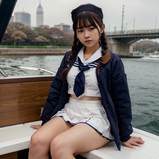 arafed asian girl in a sailor outfit sitting on a boat, on a boat, loose coat collar sailor uniform, sailor uniform, wearing , wearing japanese , japanese girl , wearing a , kantai collection style, seifuku, a hyperrealistic schoolgirl, of a schoolgirl posing, cute schoolgirl, on the bow