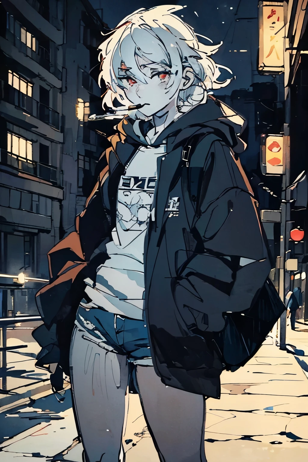 (best quality:0.8) perfect anime illustration, a pretty, depressed woman with scars on body short curly white hair on the street in the city, wearing a hoodie, smoking a cigarette, shorts, late at night, dim light, very pale skin, red eyes